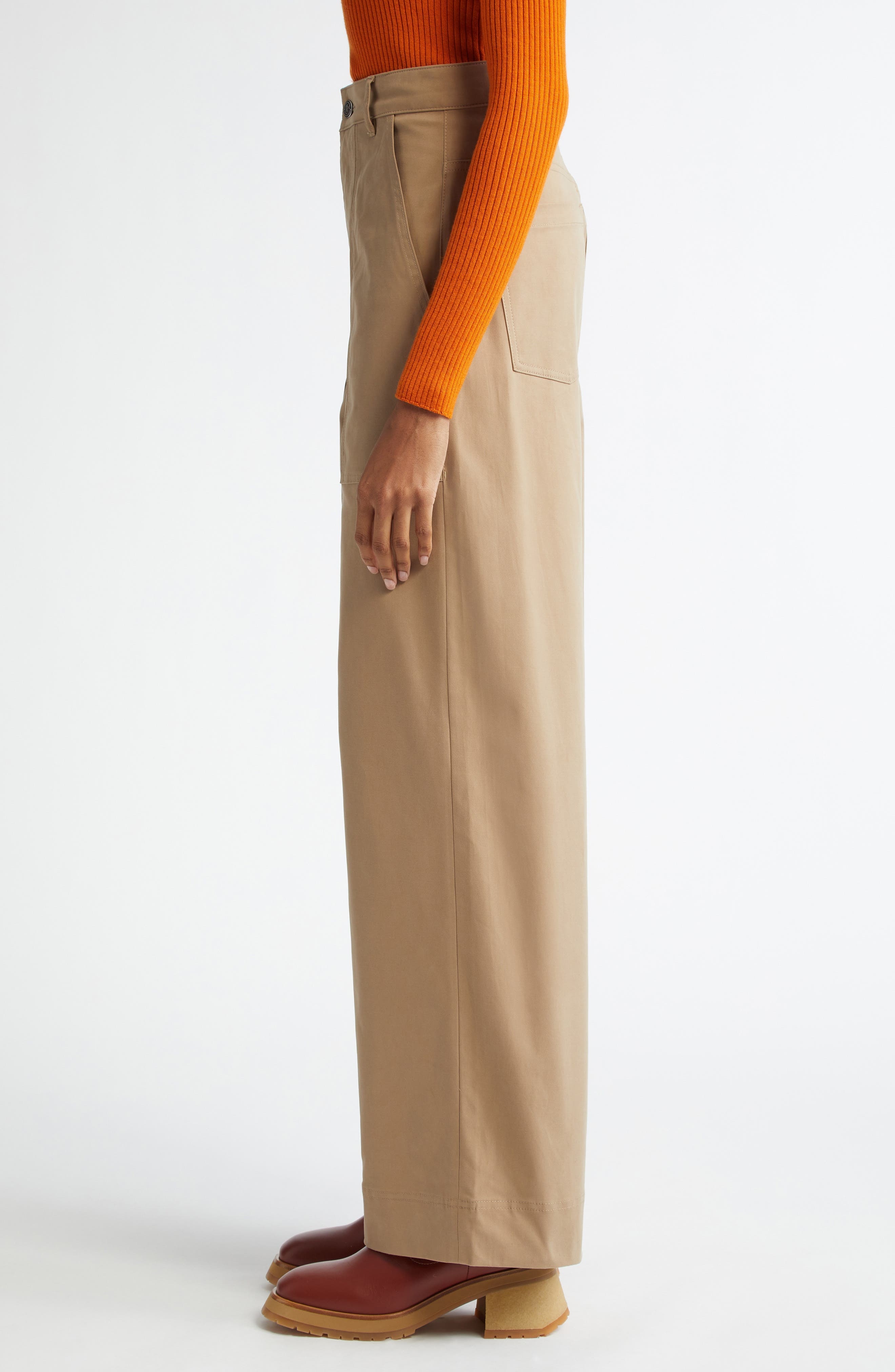 Moncler Cotton Stretch Gabardine Wide Leg Pants in Beige at Nordstrom - 4