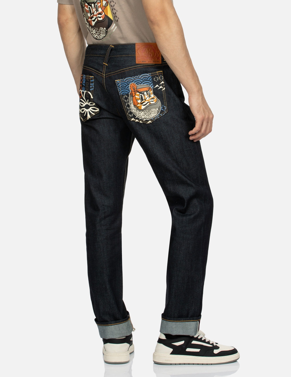 Fair Isle Pattern and Kumadori Daruma Print Slim Fit Denim Jeans #2010 - 7