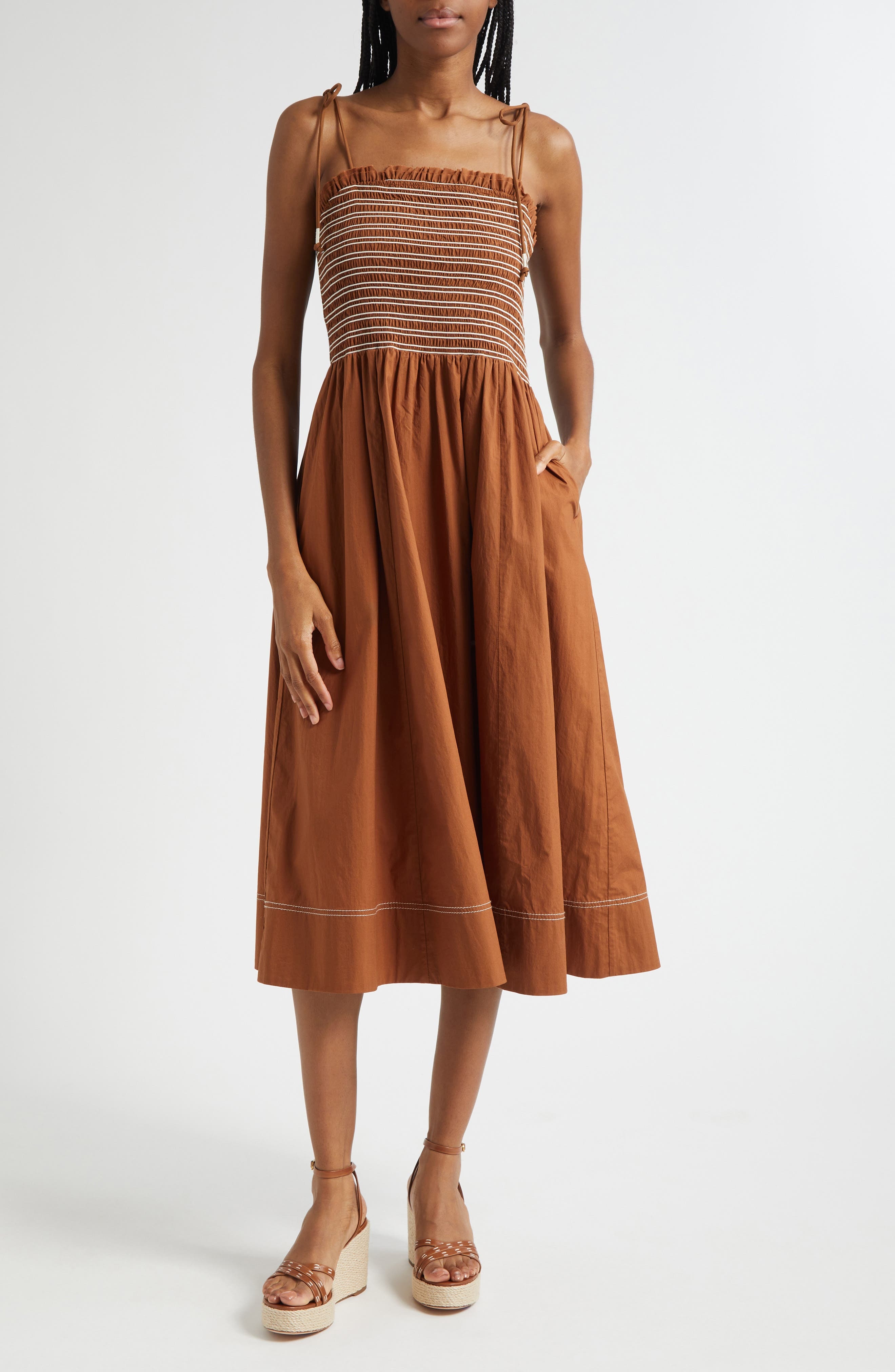 Veronica Beard Kaela Smocked Tie Strap Midi Dress in Whisky at Nordstrom - 1
