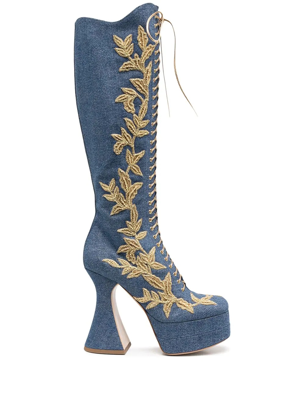 leaf embroidered high denim boots - 1