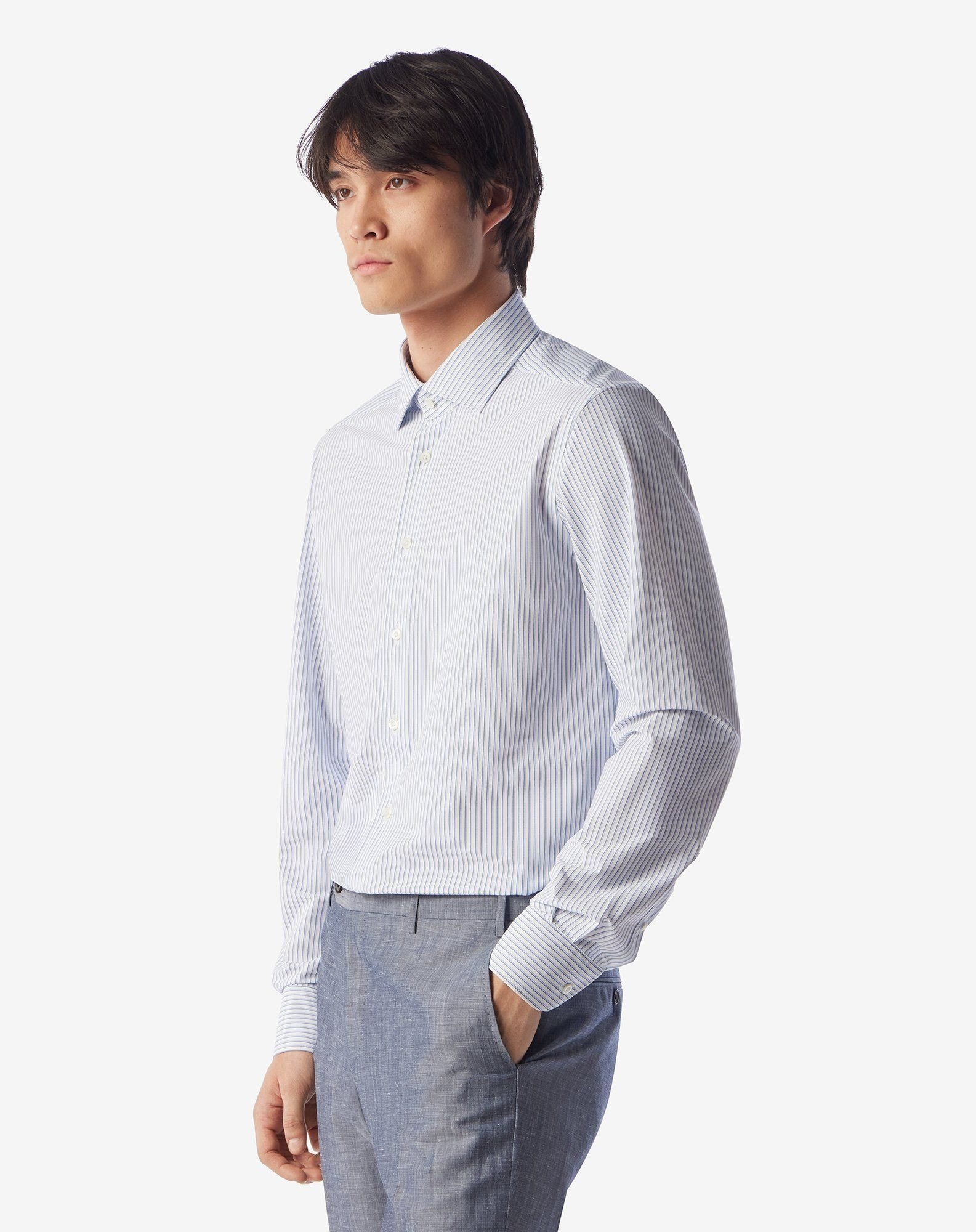 Bi-elastic fabric shirt with white/light blue micro stripes - 2