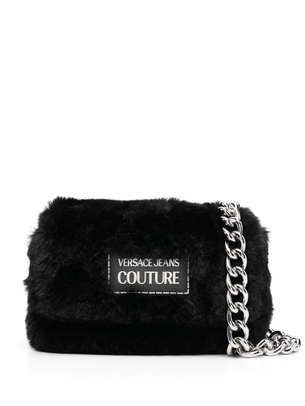 logo plaque faux fur shoulder bag - 1