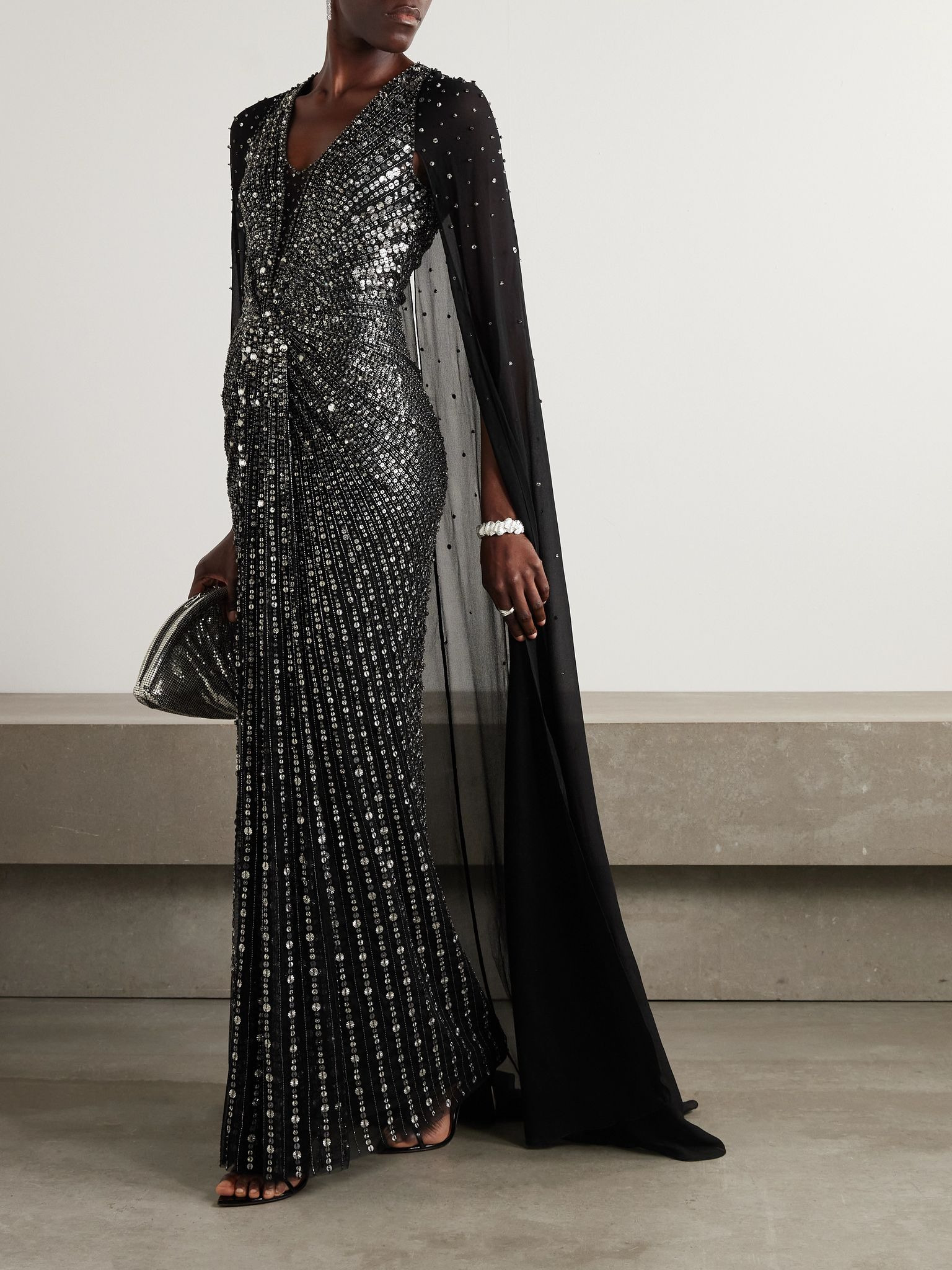 Zenith cape-effect embellished chiffon gown Black - 2