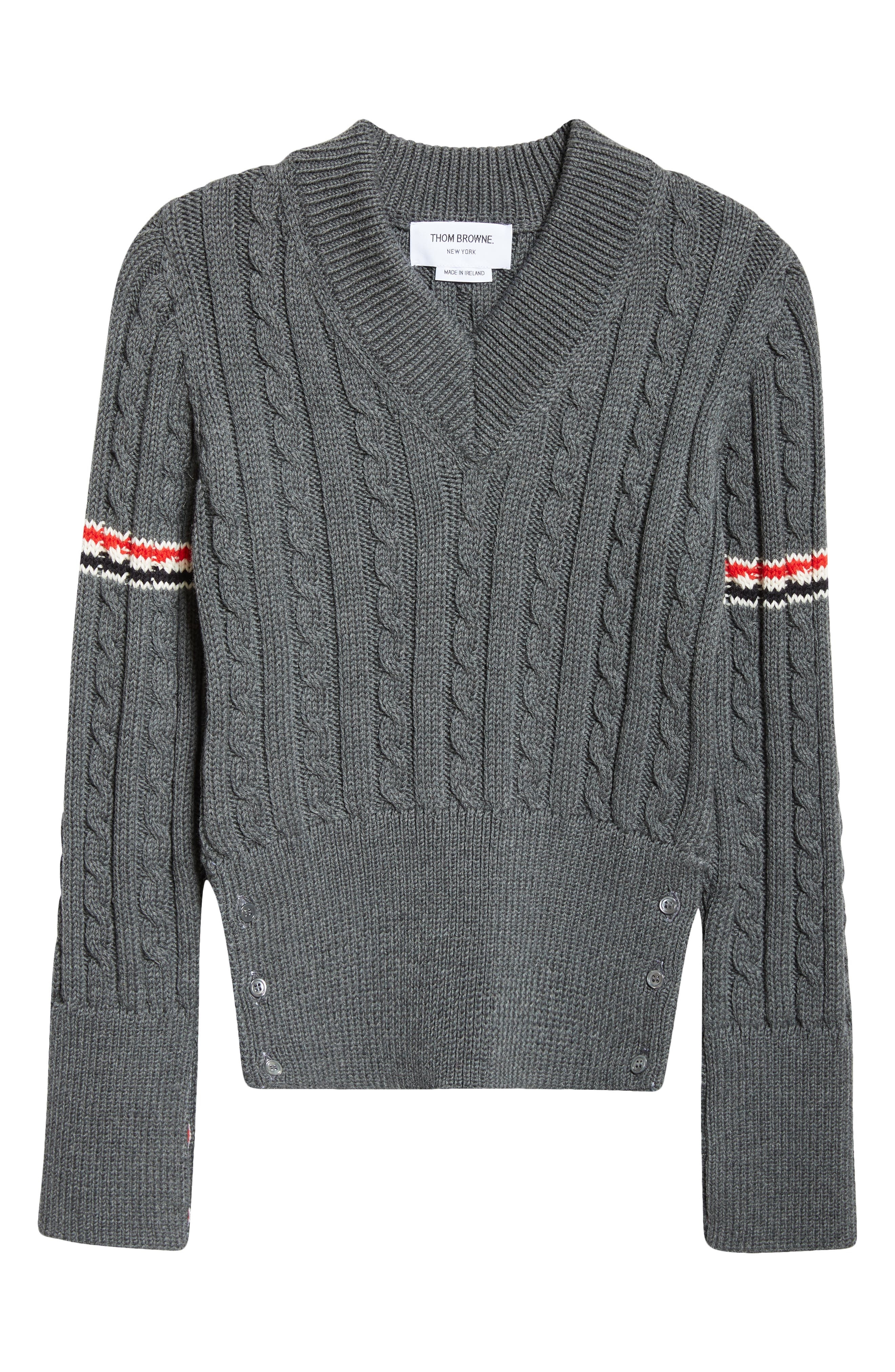Thom Browne Cable Knit Virgin Wool V-Neck Sweater in Medium Grey at Nordstrom - 6