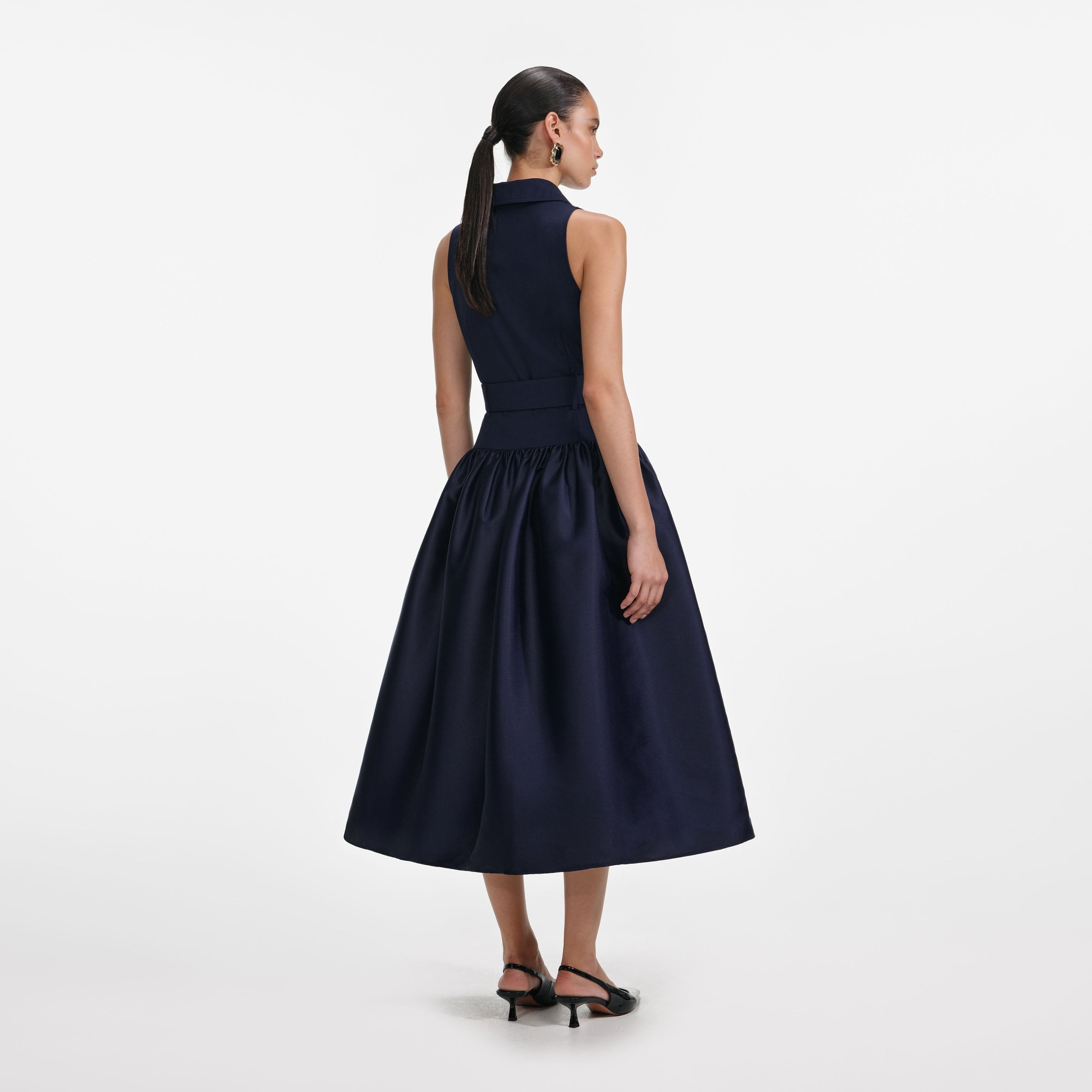 Navy Belted Twill Midi Dress - 3