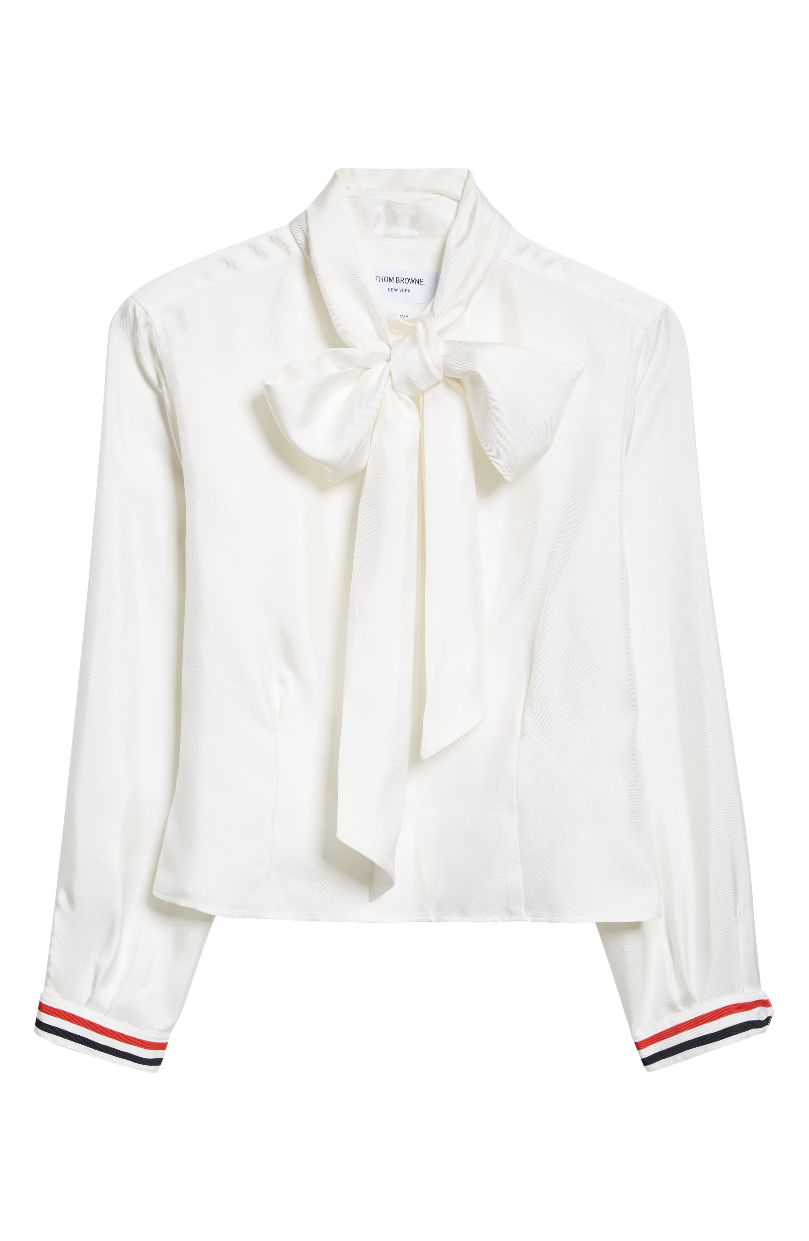 Thom Browne Tie Neck Long Sleeve Silk Top in White at Nordstrom - 5