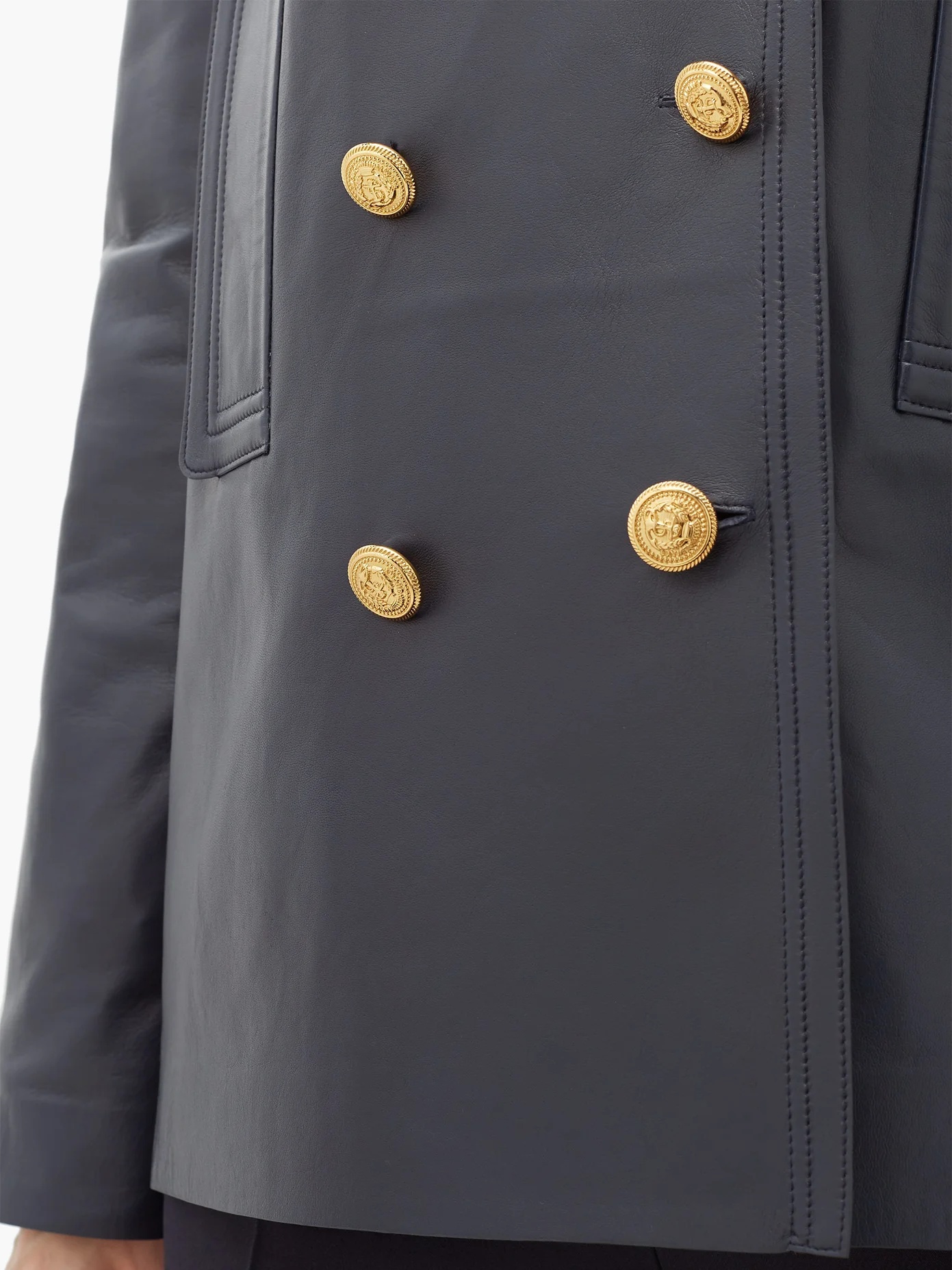 Double-breasted logo-plaque leather peacoat - 4