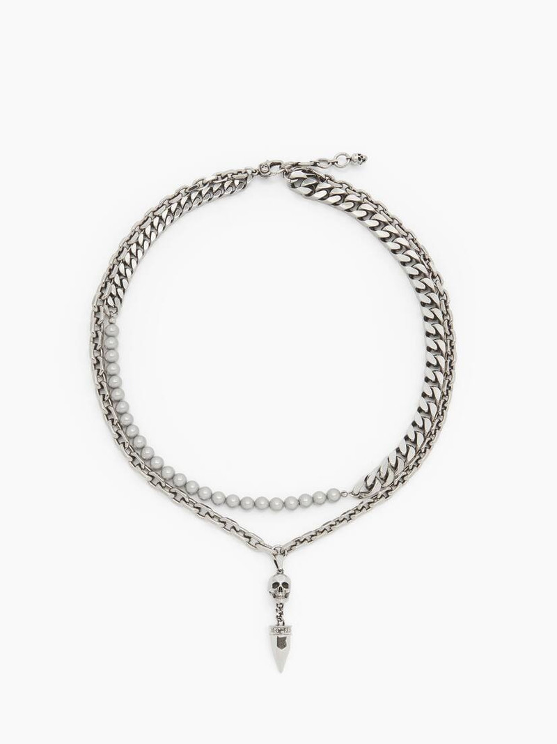 Men's Pearl And Skull Stud Necklace in Antique Silver 1