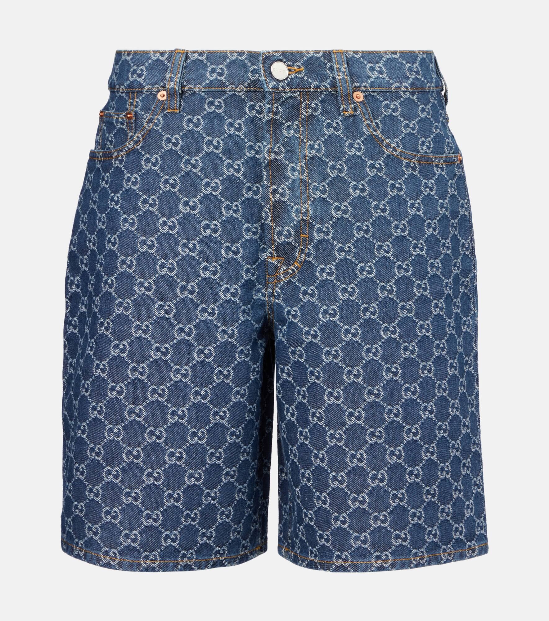 Leather-trimmed denim Bermuda shorts - 1
