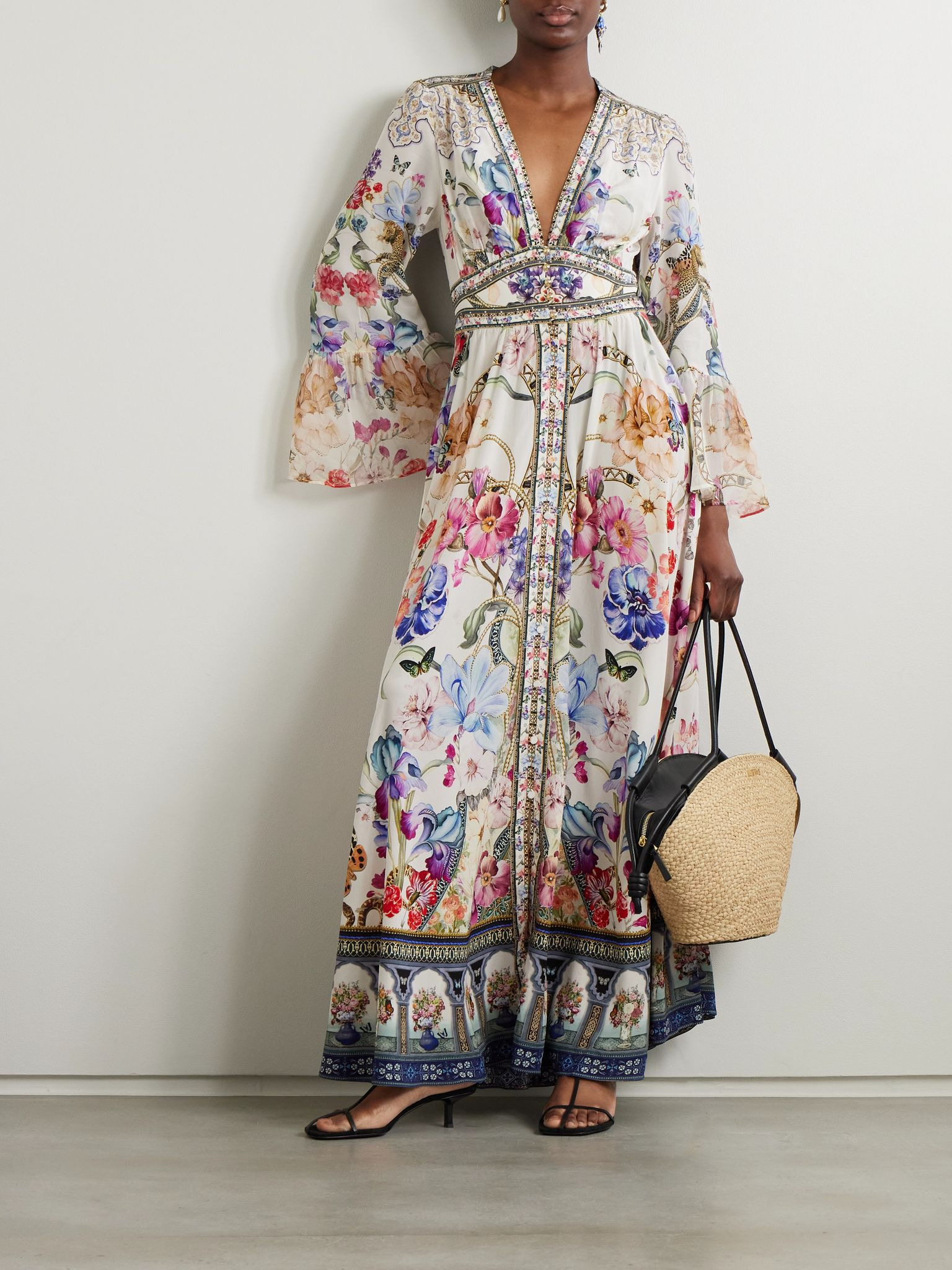 Crystal-embellished ruffled floral-print silk maxi dress Off-white - 2