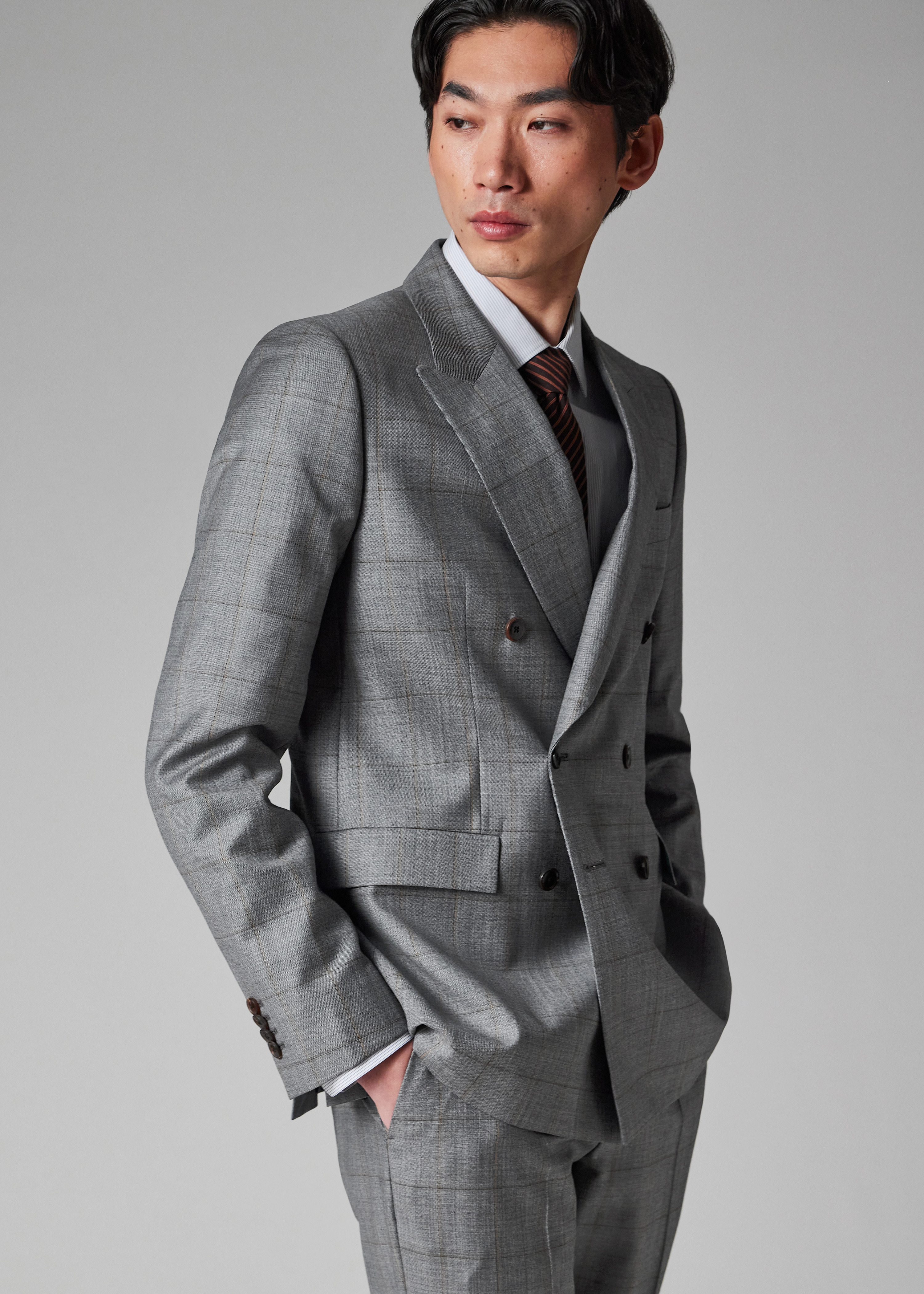 Grey Windowpane Check Wool Double-Breasted Suit - 12