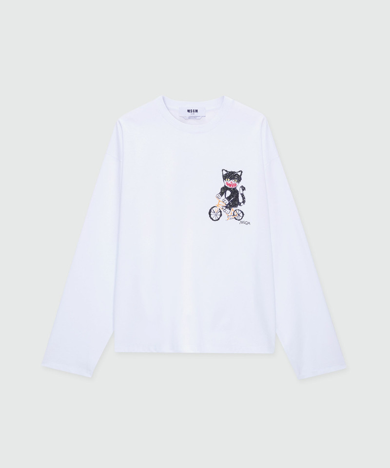 White long-sleeve cotton jersey T-shirt with chest embroidery 1