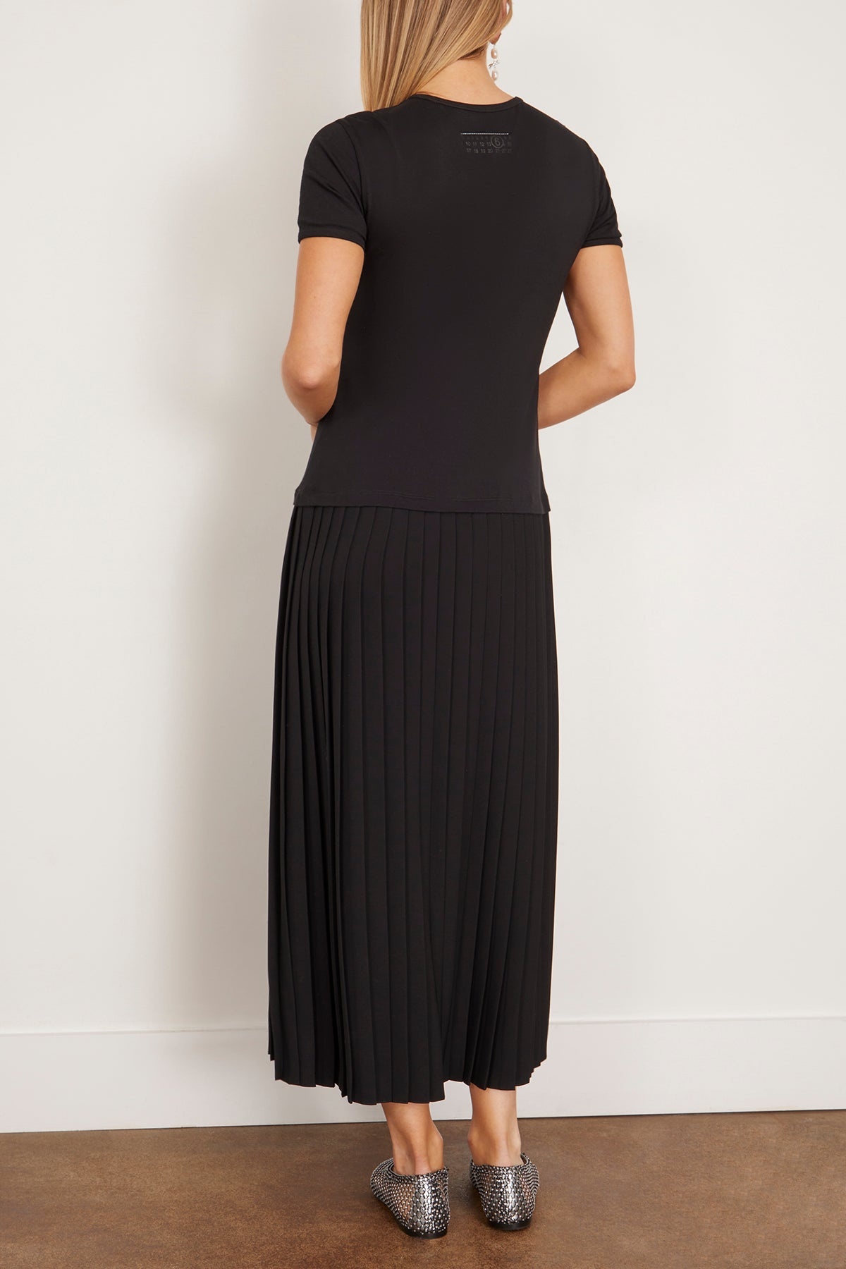 Short Sleeve Midi Dress with Pleated Skirt in Black - 4