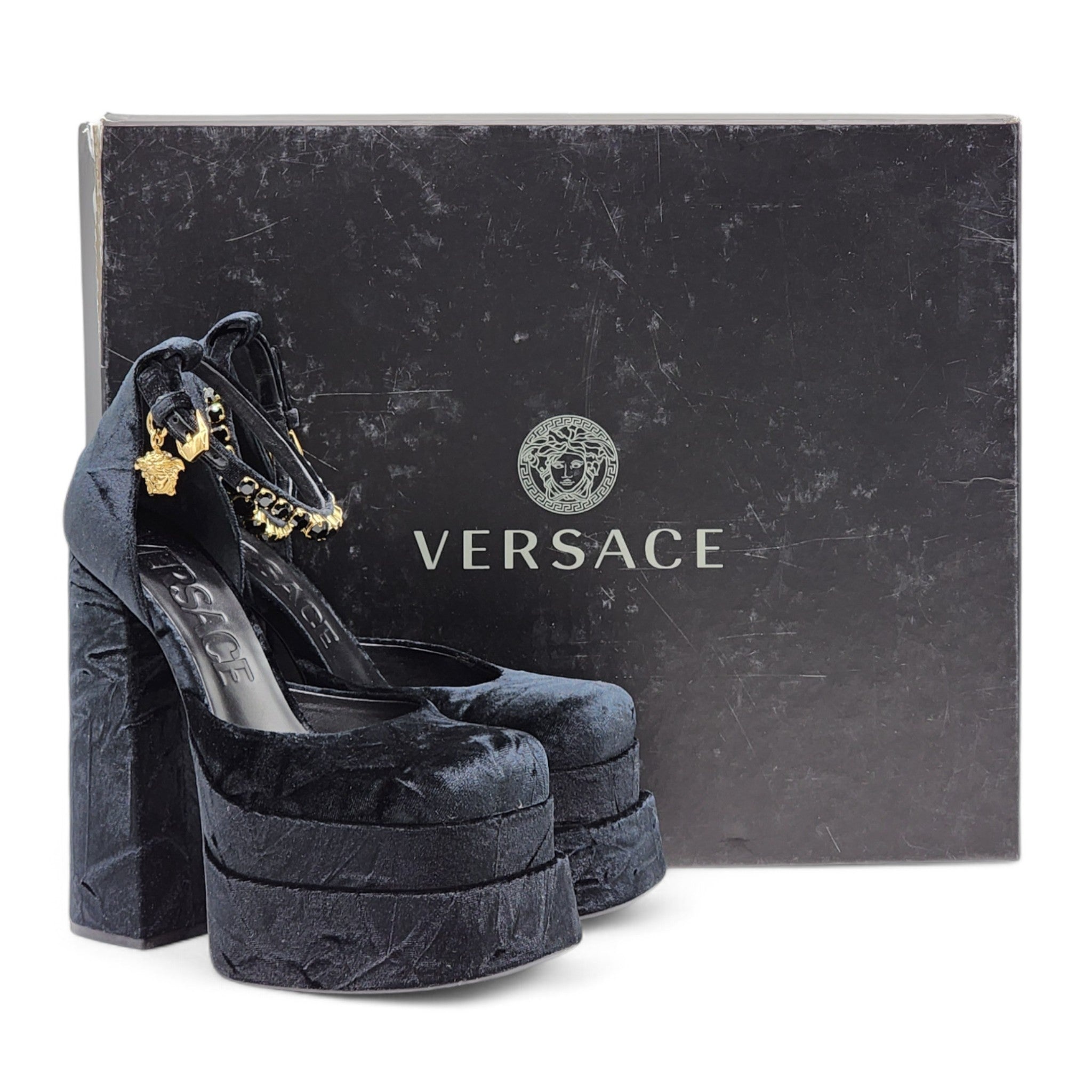 Versace Medusa Aevitas Double Platform Pumps - Velvet Insignia - Black 38 - 8