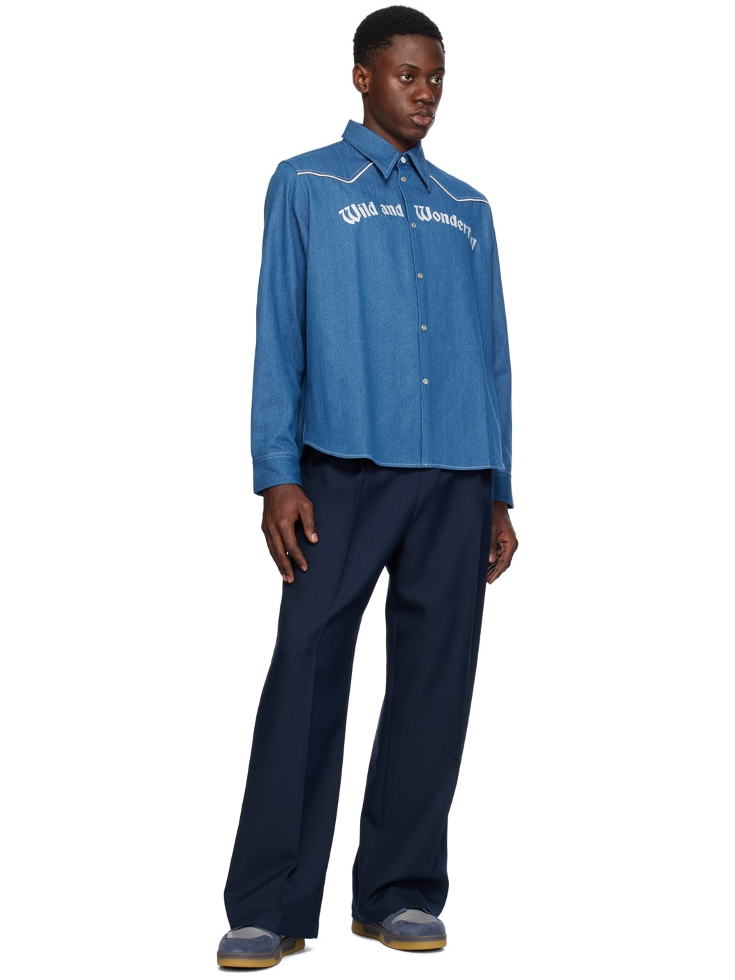 Blue Embroidered Denim Shirt - 4