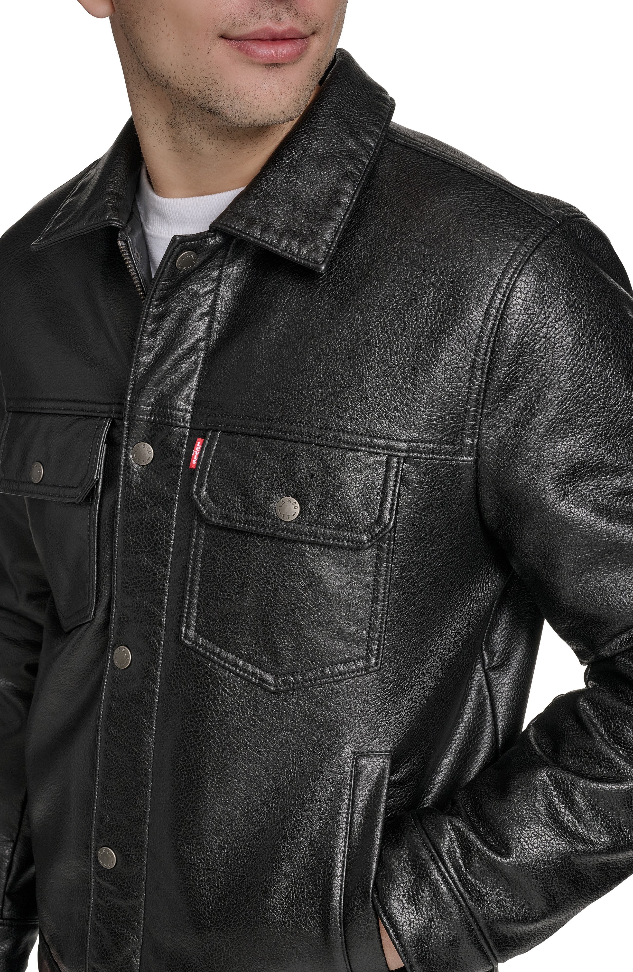 levi's Relaxed Water Resistant Faux Leather Trucker Jacket in Black at Nordstrom - 6