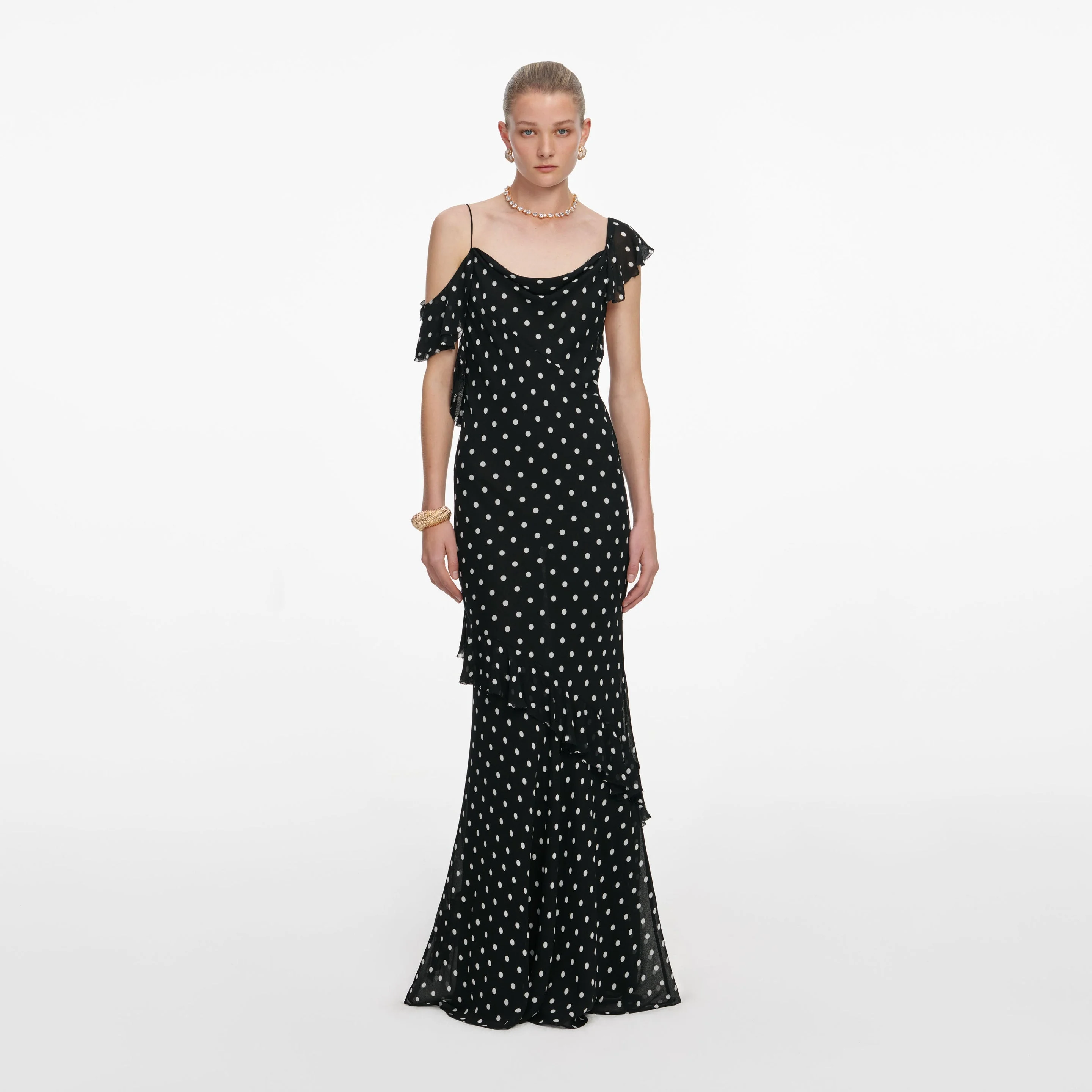 Black Polka Dot Georgette Maxi Dress - 1