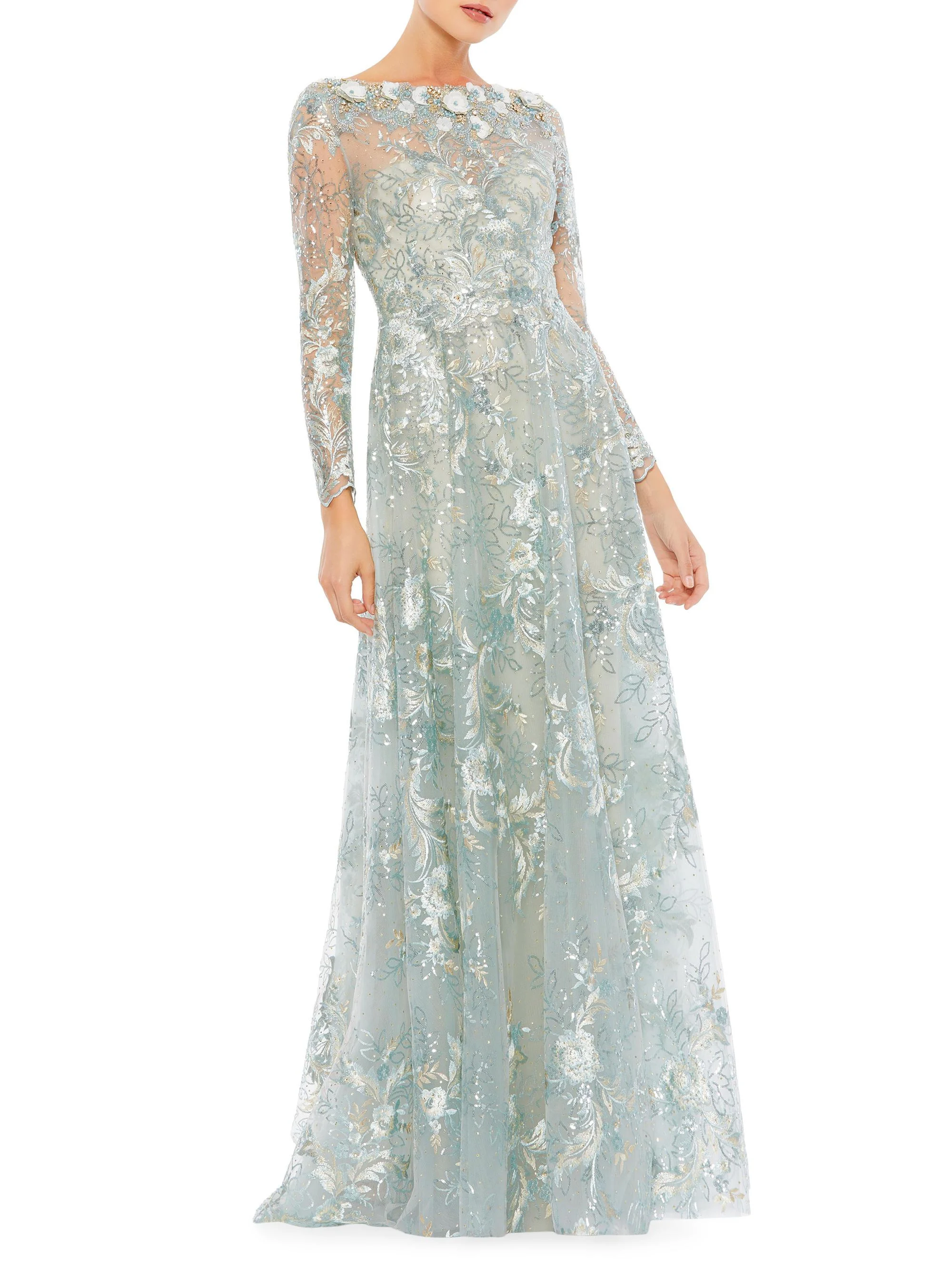 Women's Floral Embroidered Illusion Gown - Mist - 1