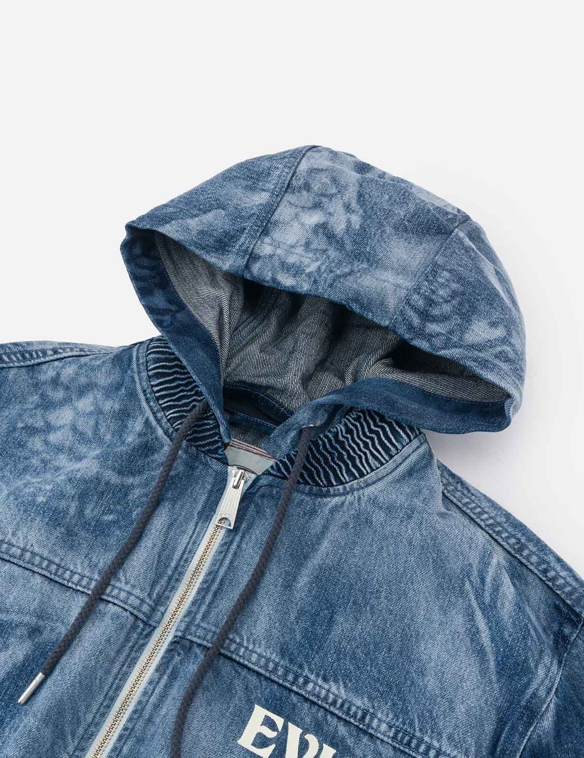 Fisherman Godhead Laser Print Loose Fit Hooded Denim Jacket - 6