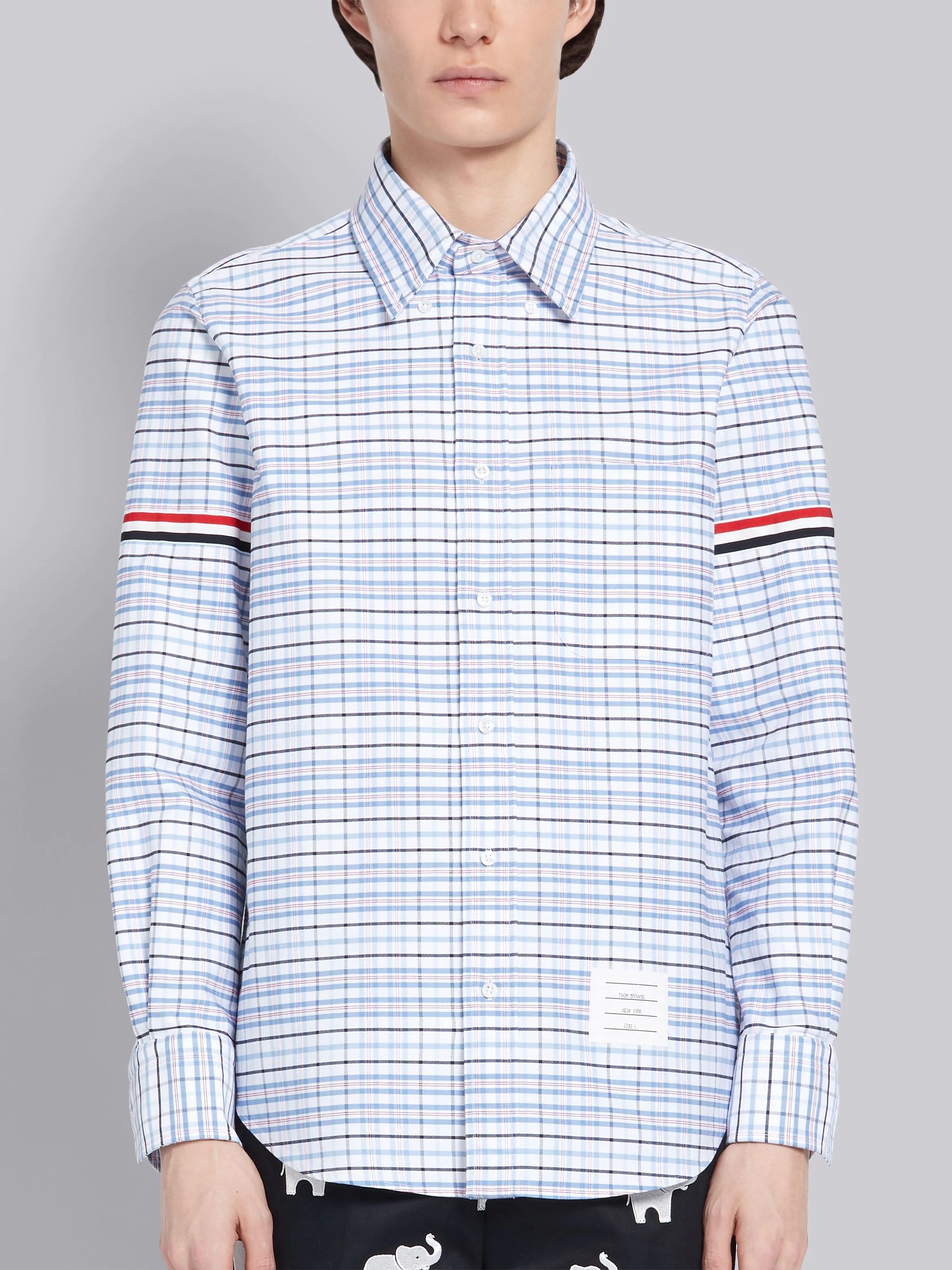 Blue Tricolor Cotton Oxford Check Grosgrain Armband Long Sleeve Shirt - 3