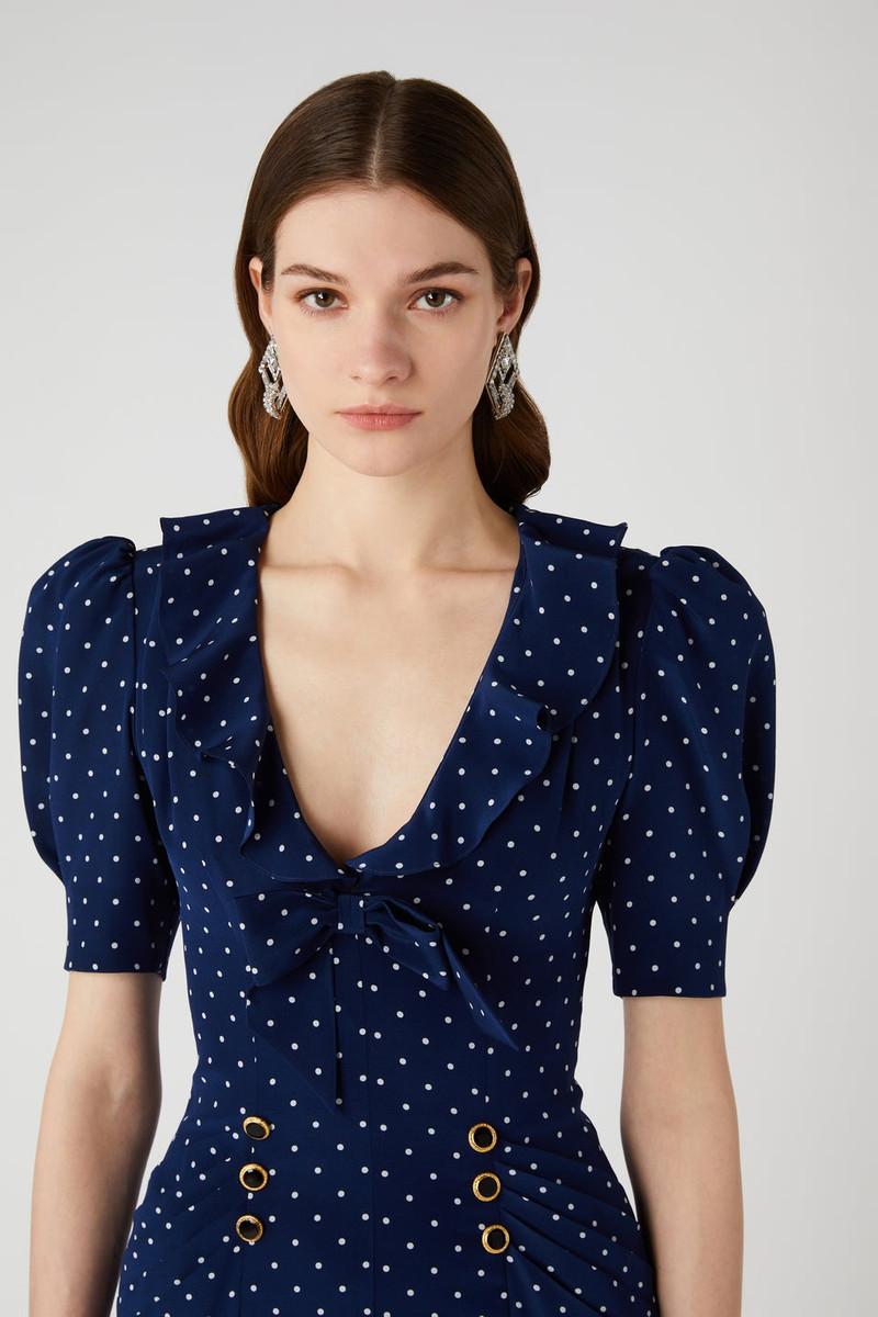 POLKA DOT PRINT SILK DRESS WITH RUFFLE AND BOW 6
