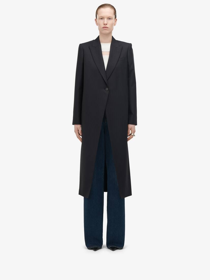 Women's Pinstripe Cutaway Coat in Navy - 1