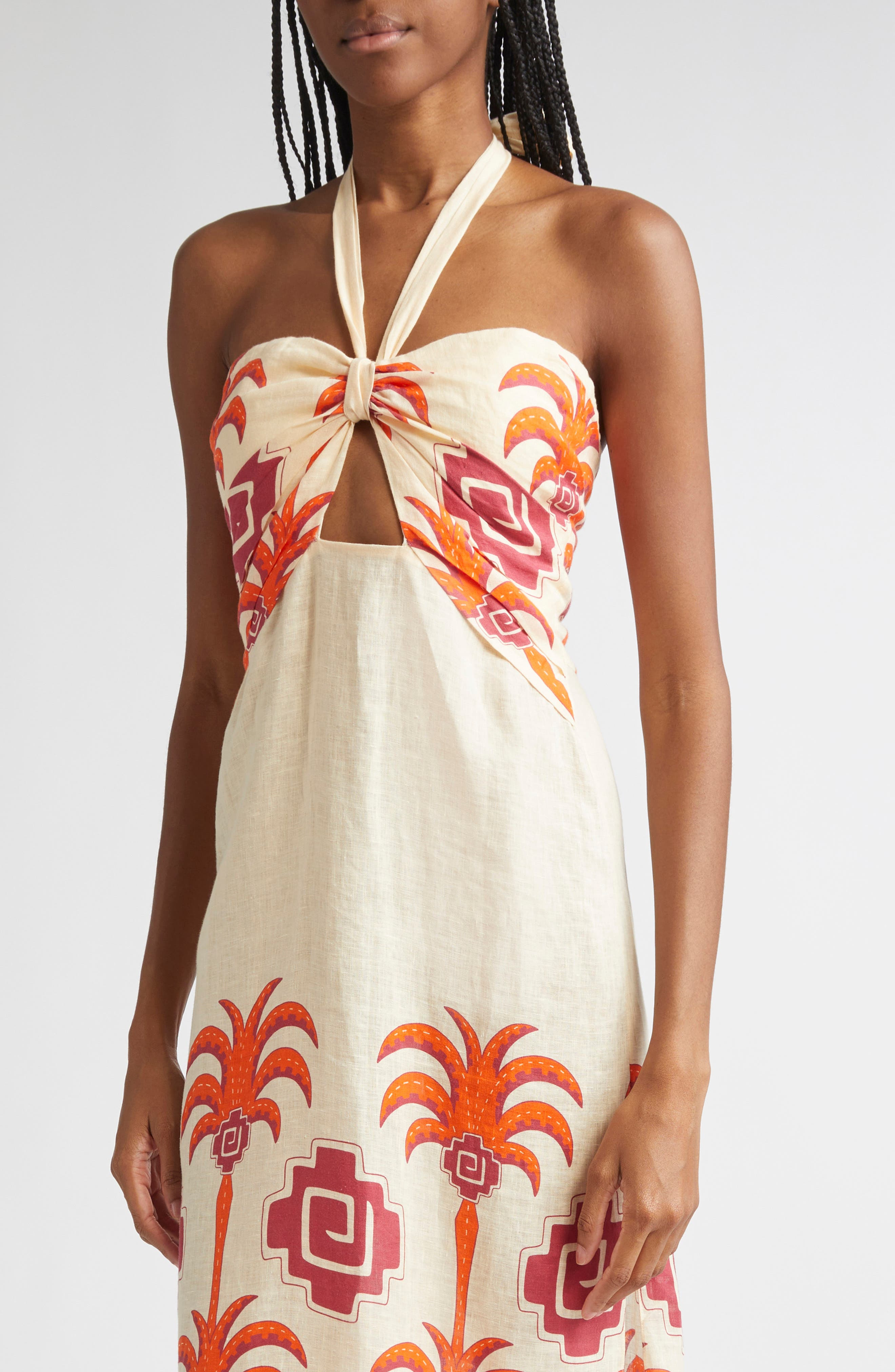 Johanna Ortiz Water Adventure Linen Midi Dress in Ecru /Red/Wine at Nordstrom - 4