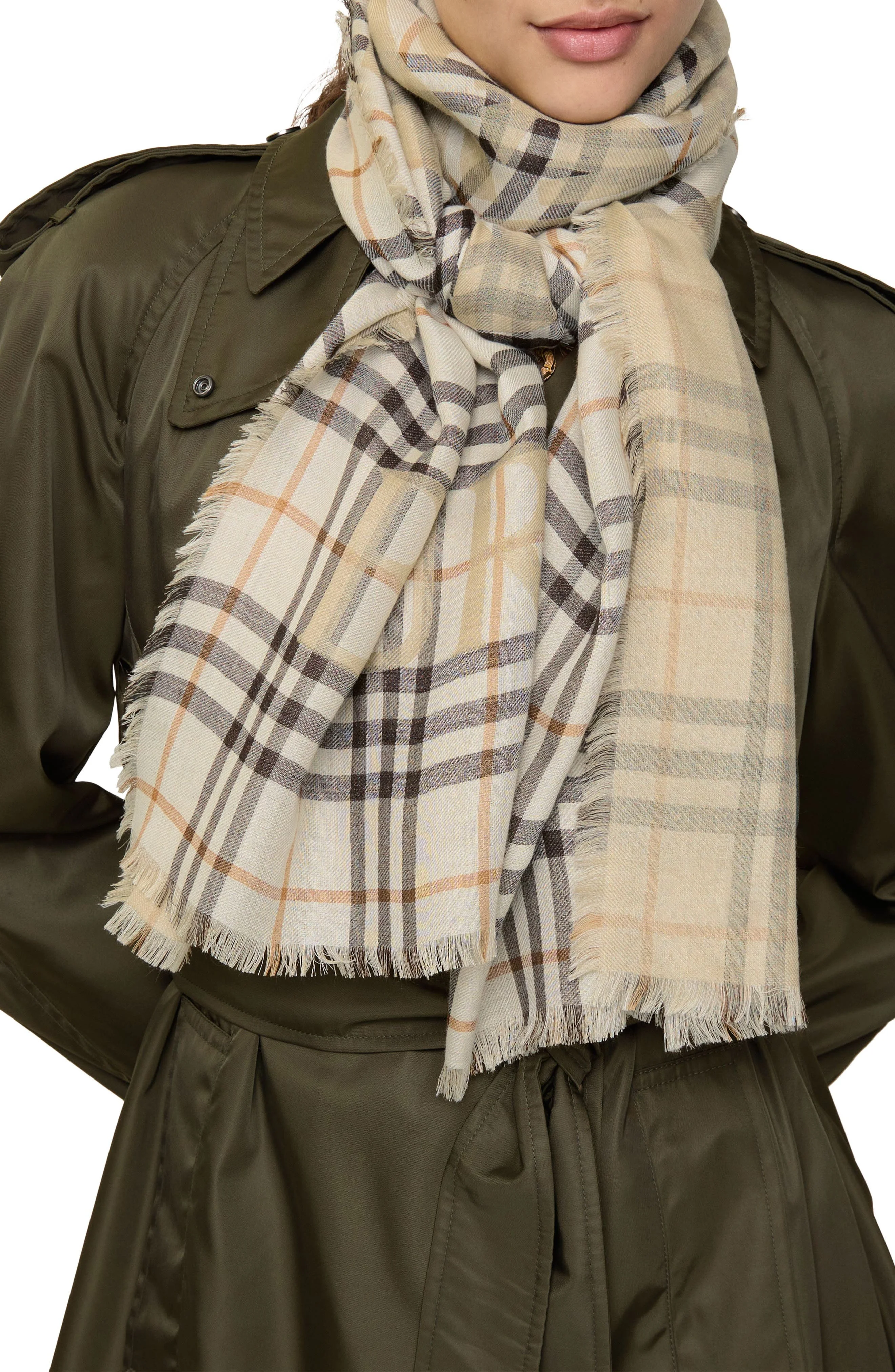 burberry Wide EKD Check Wool & Silk Fringe Scarf in Pebble White at Nordstrom - 1