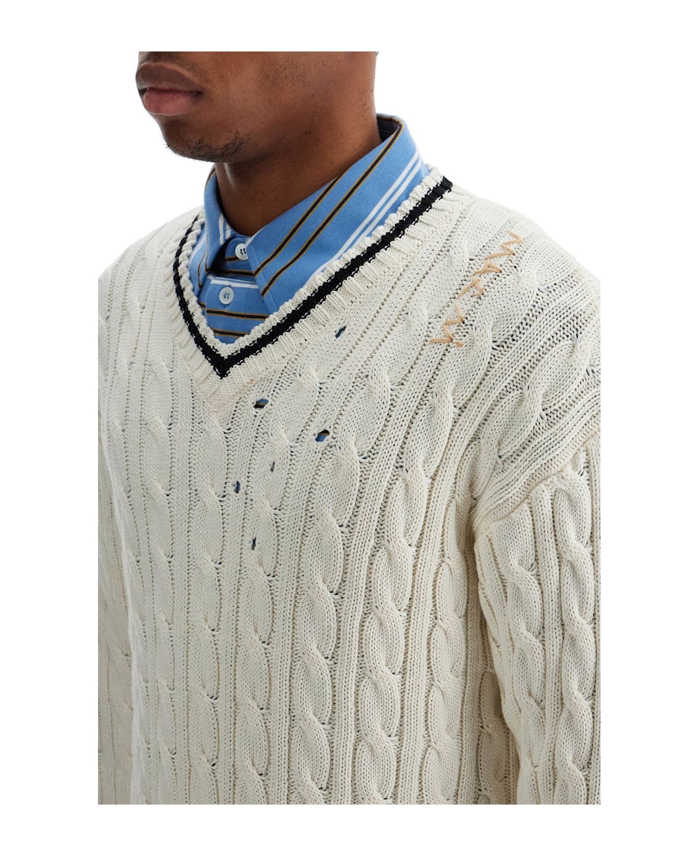 White Cotton Sweater With Cable Knit V-neck - 4