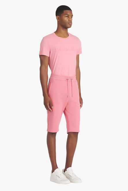 Salmon pink eco-designed cotton shorts with flocked white Balmain Paris logo - 7