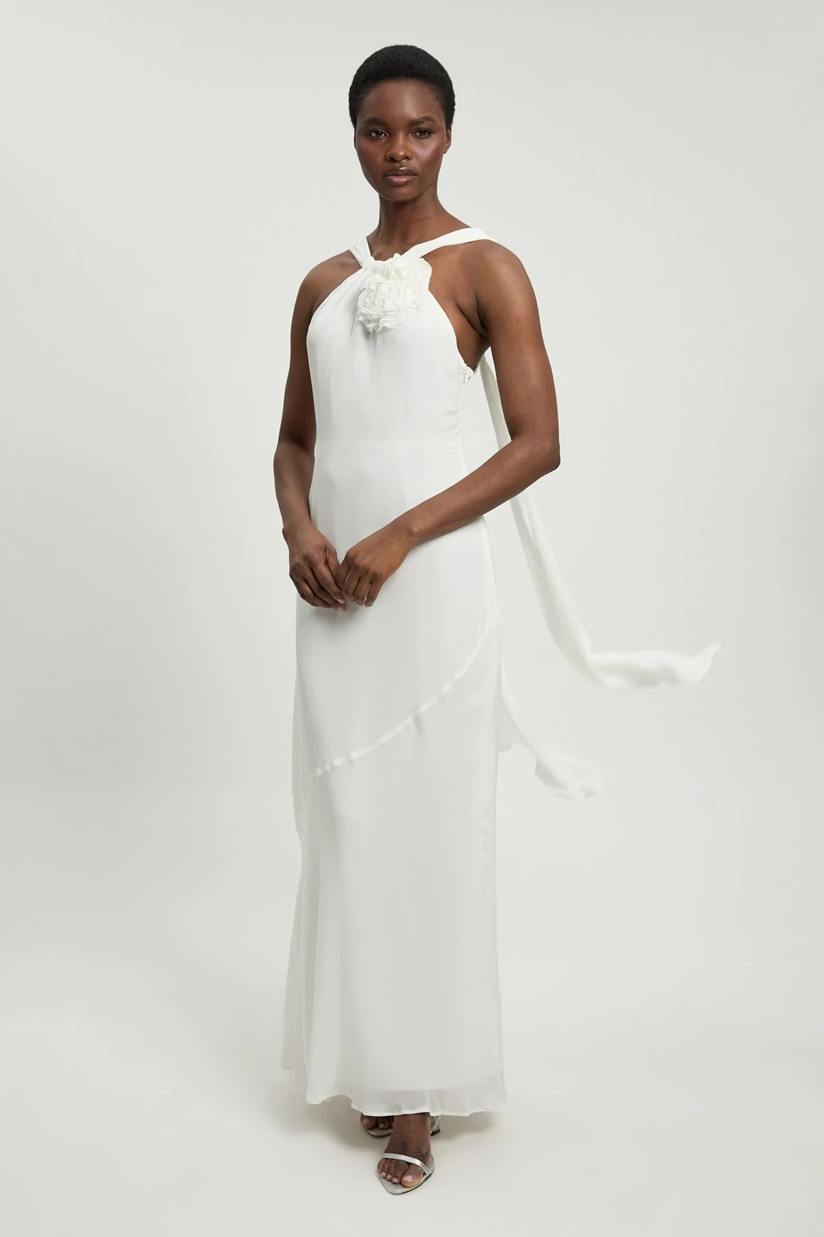 Viscose Georgette Rosette Ruffle Halterneck Maxi Dress - 1
