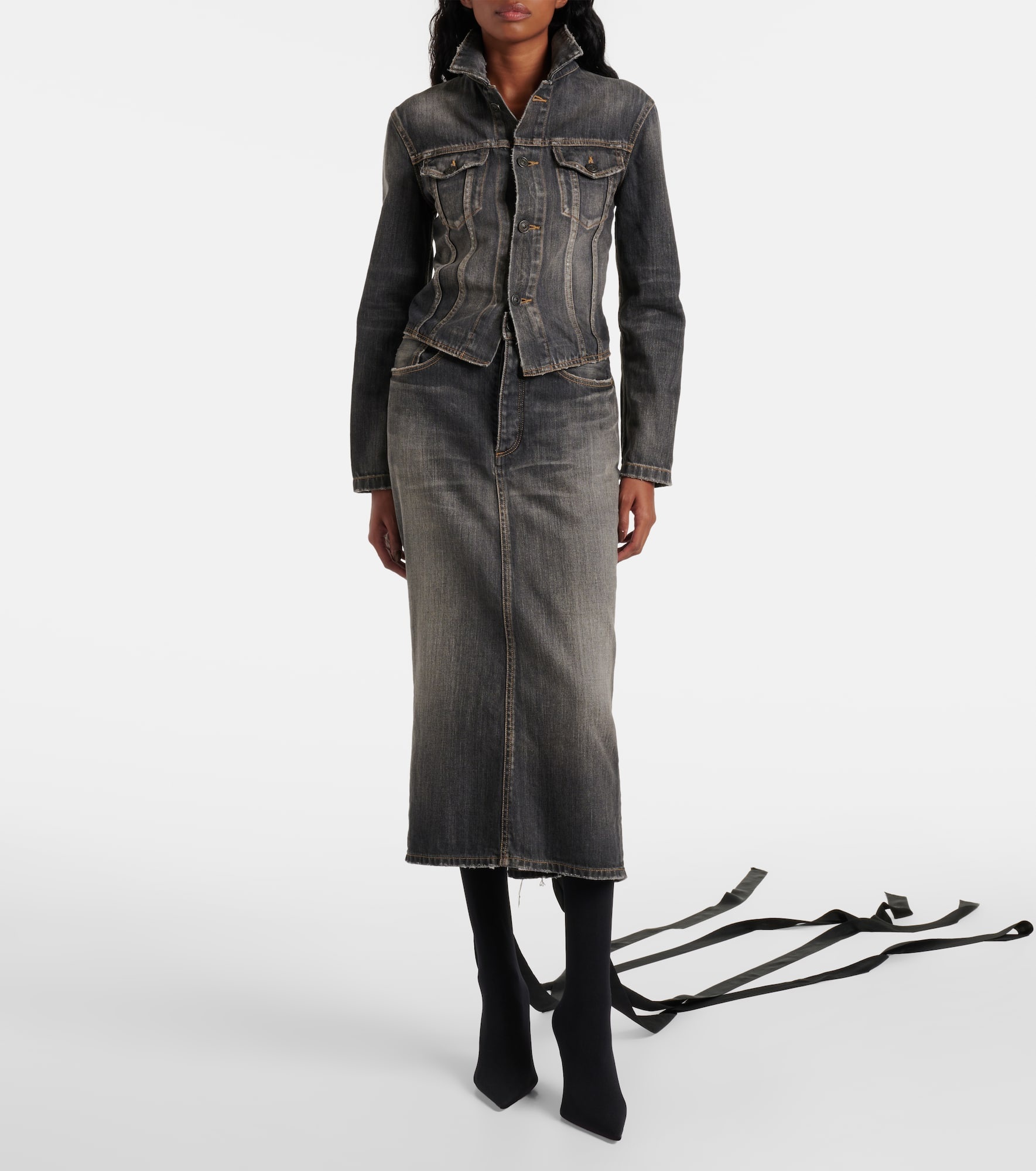 Lace-up denim pencil skirt - 2