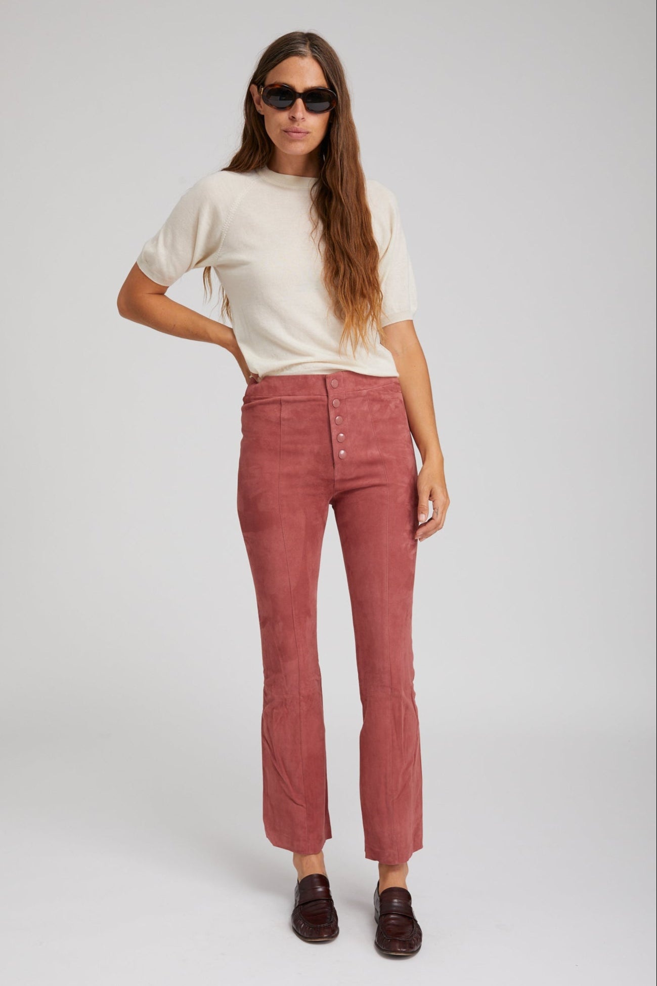 MAUVE SUEDE FRONT SNAP ANKLE FLARE LEGGINGS - 3