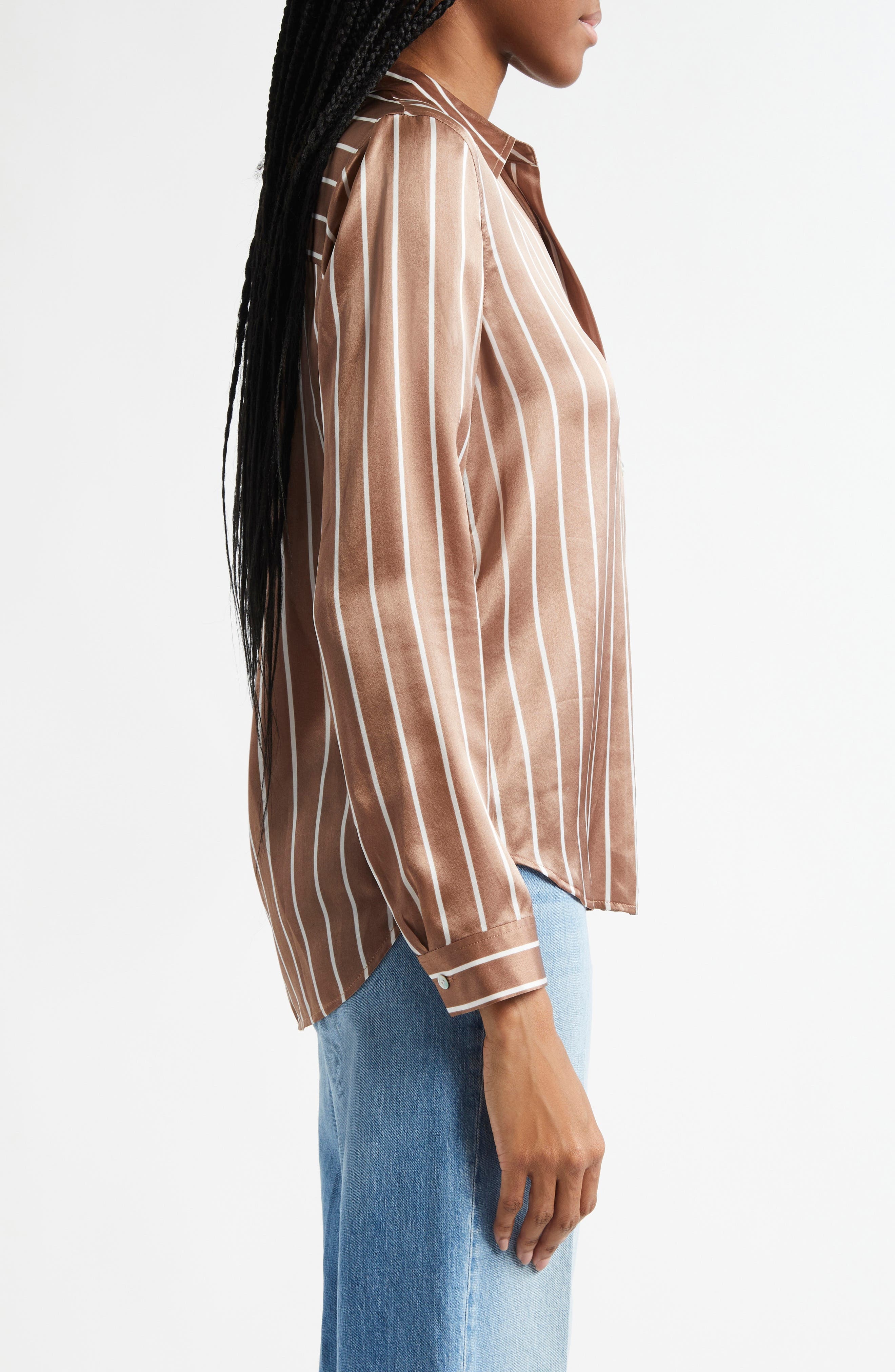 L'AGENCE Tyler Stripe Silk Button-Up Shirt in Chocolate Malt/Ecru Stripe at Nordstrom - 4