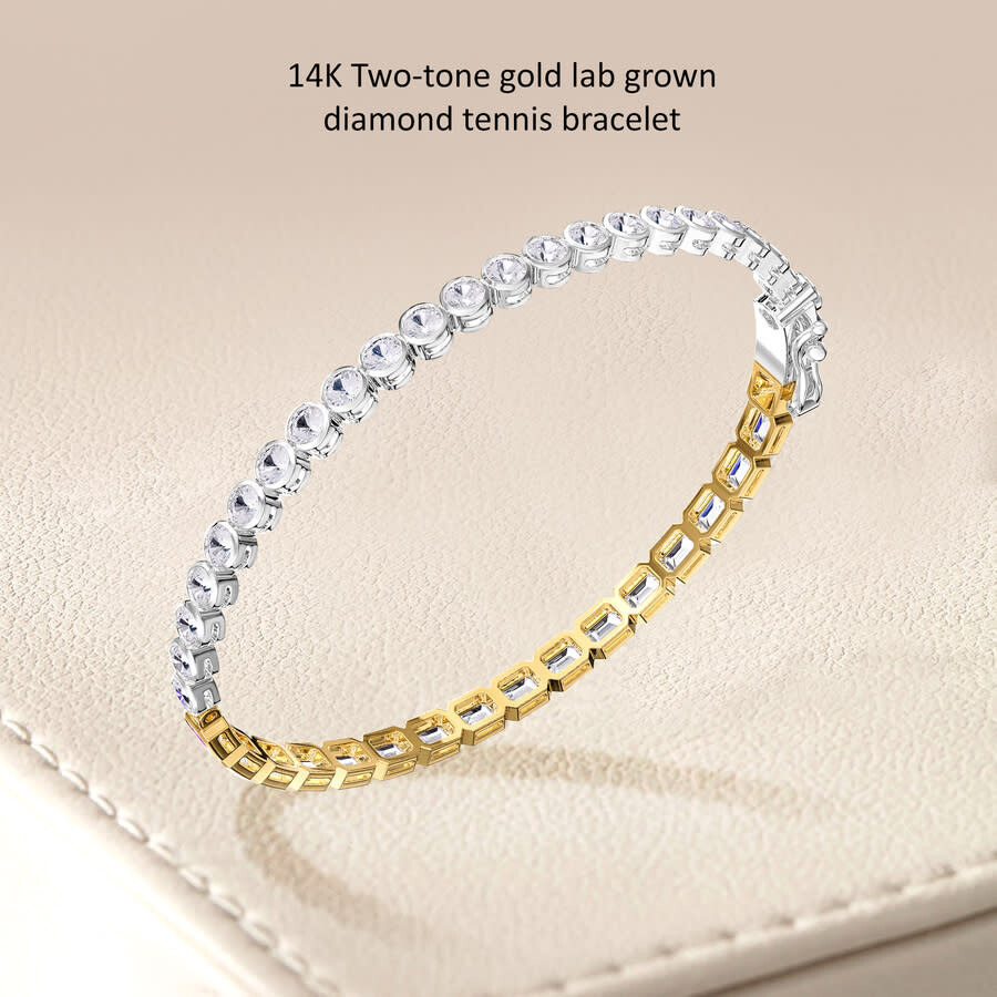 Diamond2Deal - Diamond2Deal 14k Two-tone Gold 6.5 Carat Round & Radiant Cut Lab Grown Diamond Bangle Bracelet 7" VV - 2