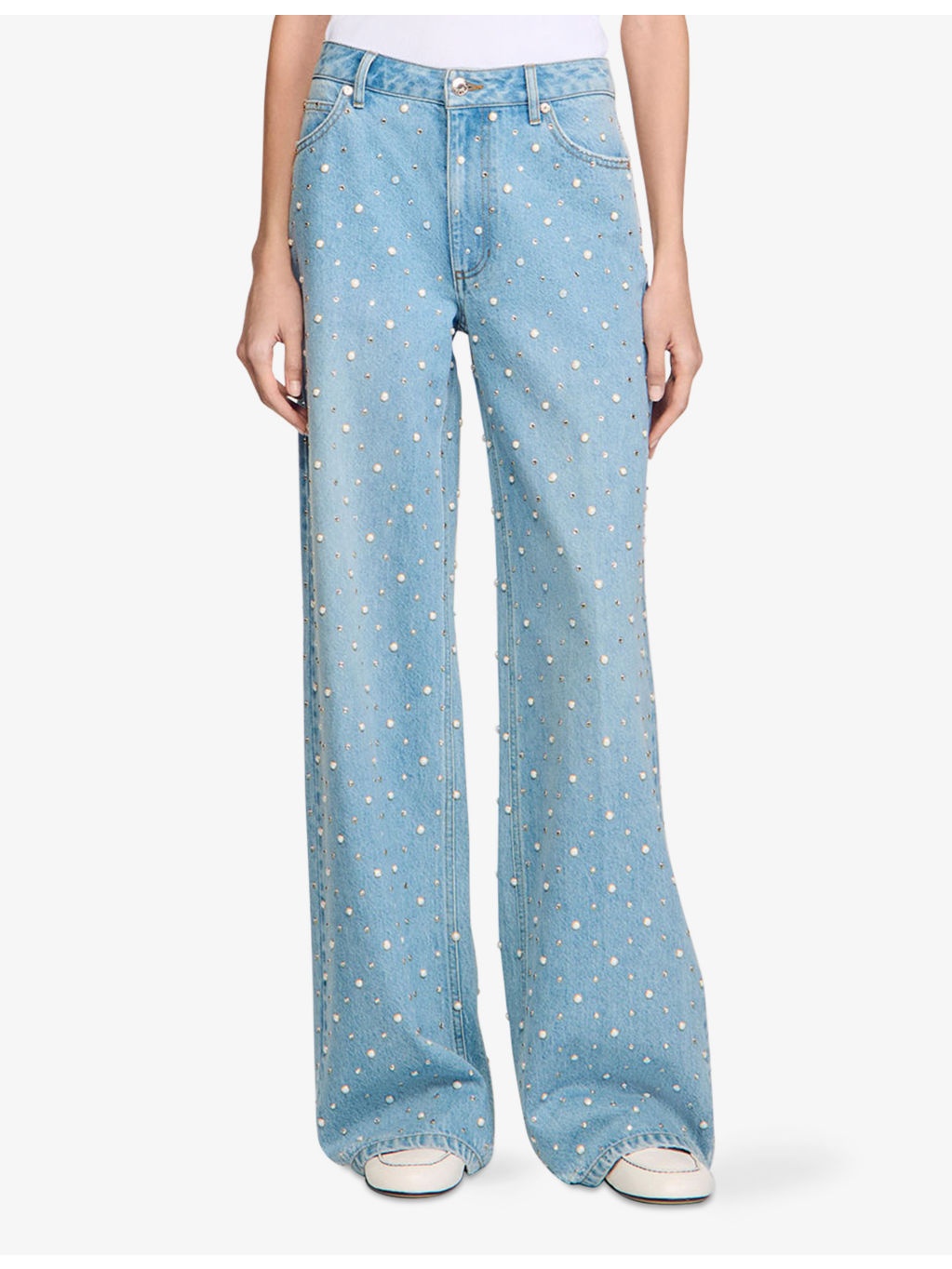 Rhinestone-Embellished Wide-Leg Mid-Rise Denim Jeans - 3