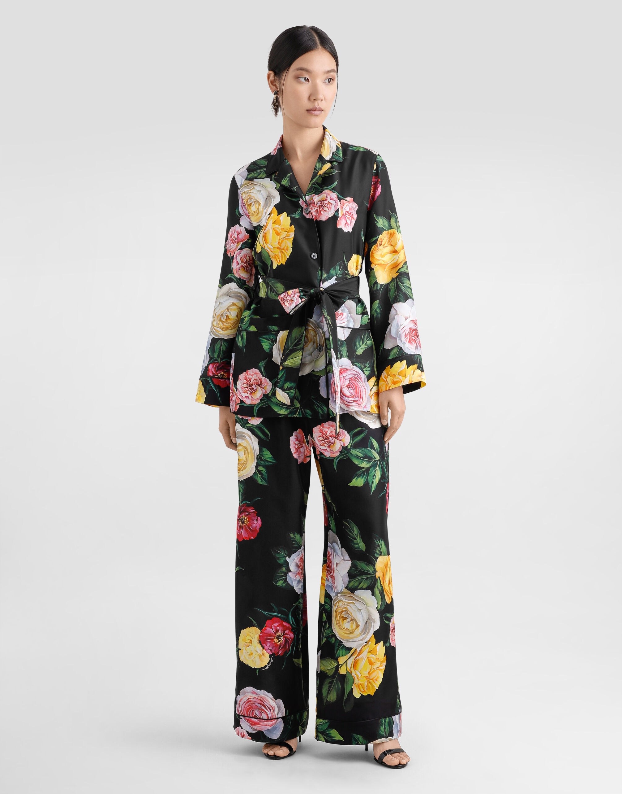 Silk habotai pajama pants with peony and rose print - 2