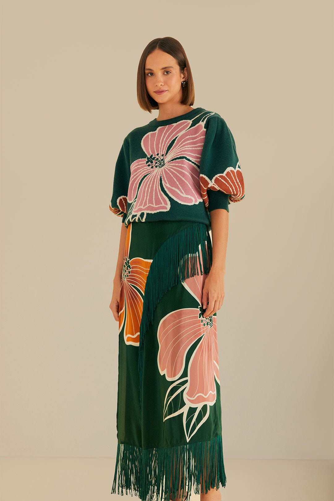 Green Honolulu Flowers Fringe Maxi Skirt - 3