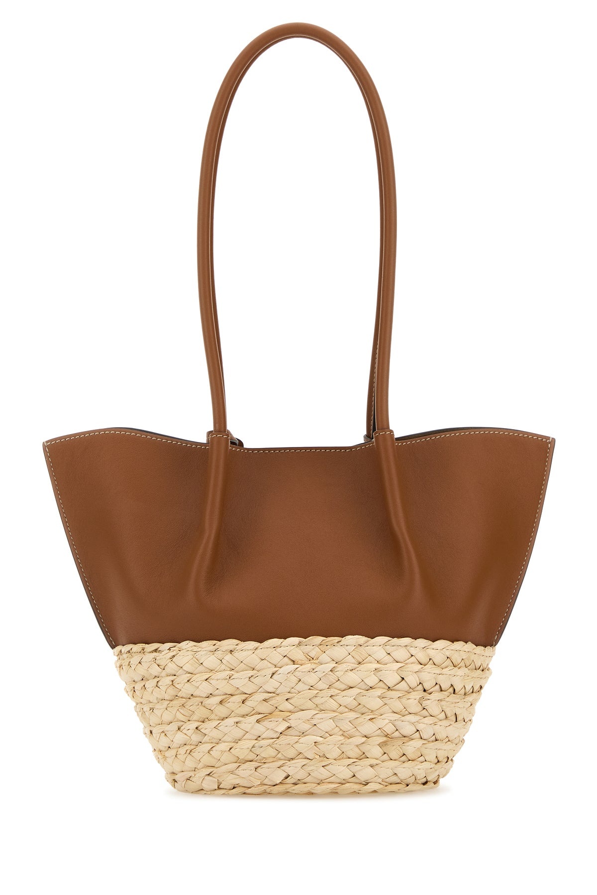 Two-tone leather and raffia small shopping bag - 3
