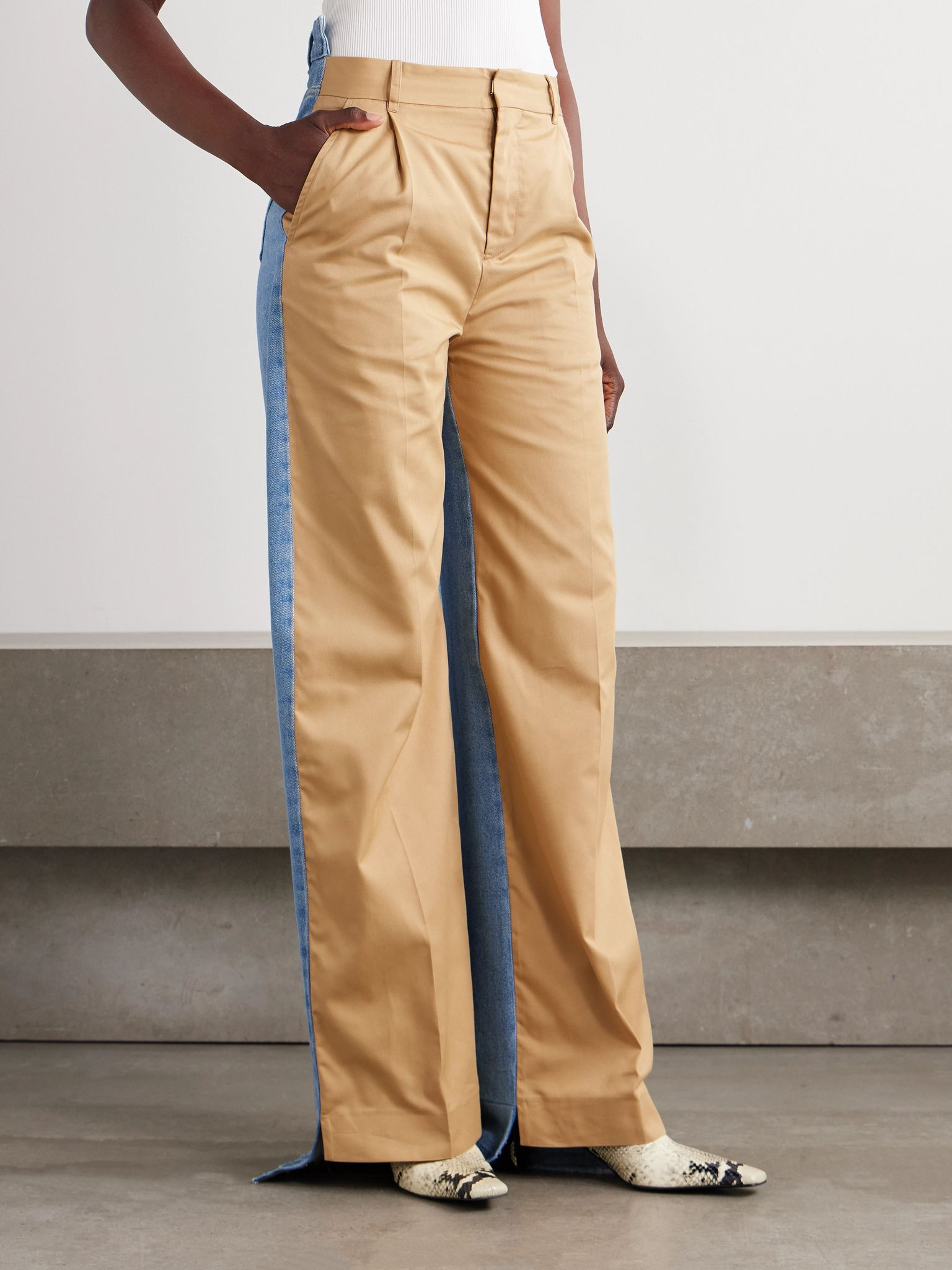 Denitrouser pleated cotton-twill and denim straight-leg pants Camel - 3