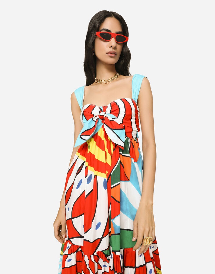 Carretto-print poplin calf-length dress - 4