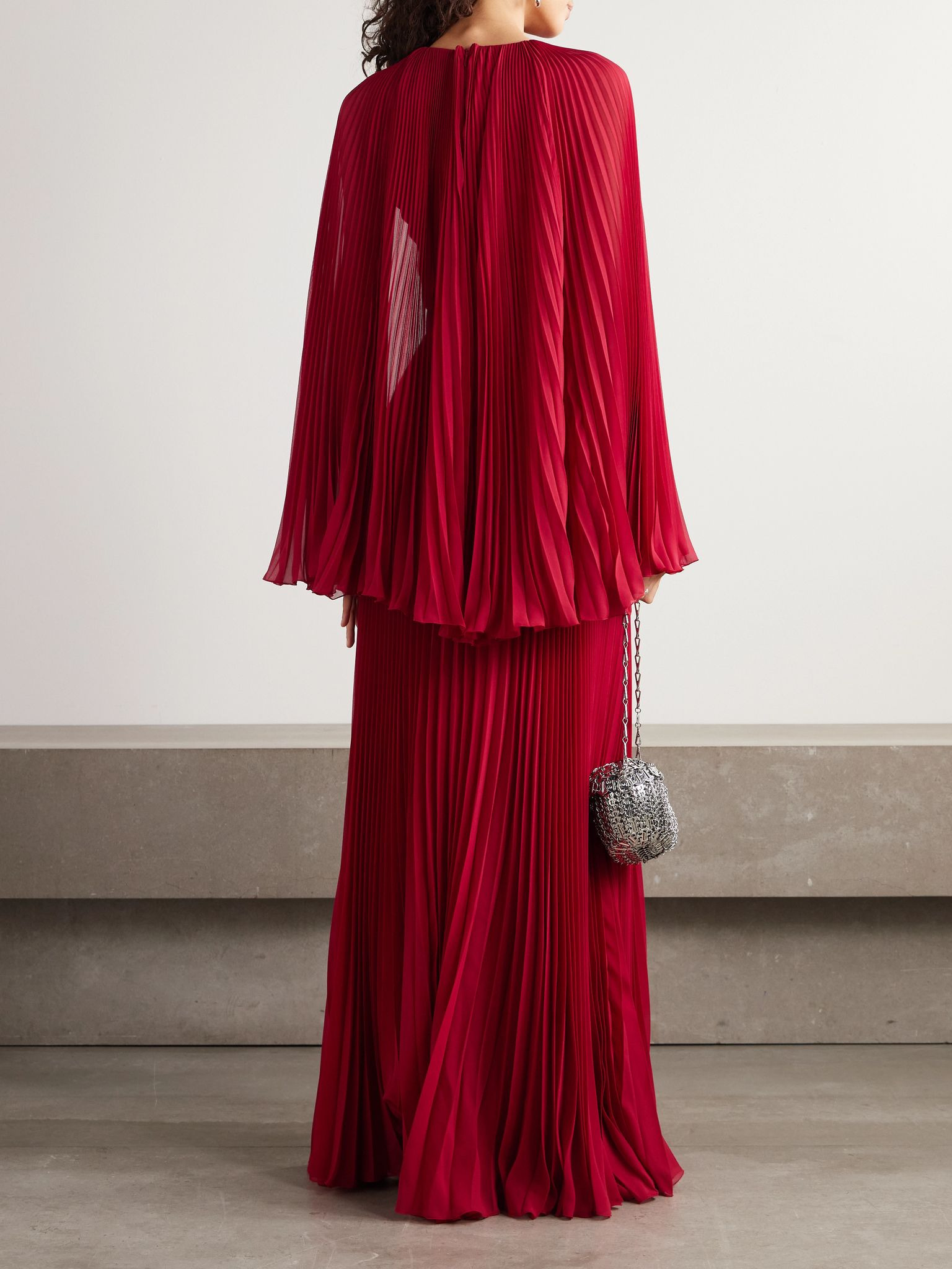 Cape-effect plissé silk-georgette gown Red - 3