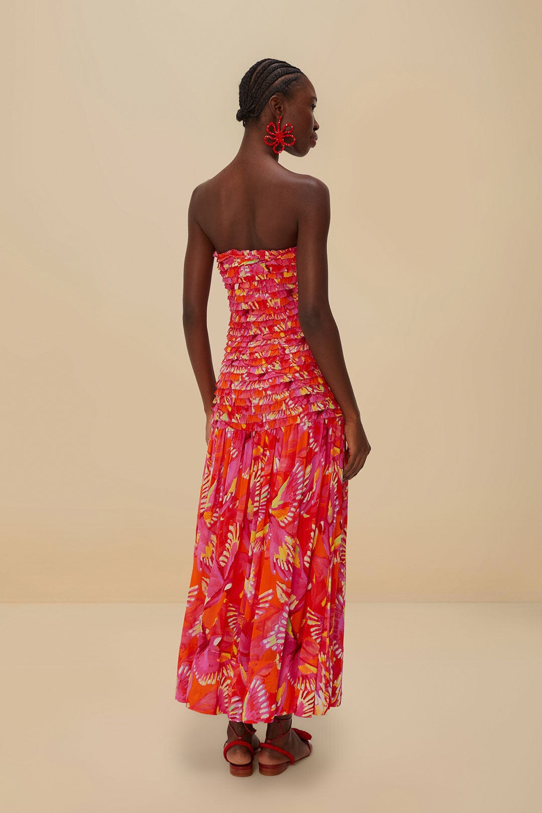 Orange Flying Birds Strapless Midi Dress - 7