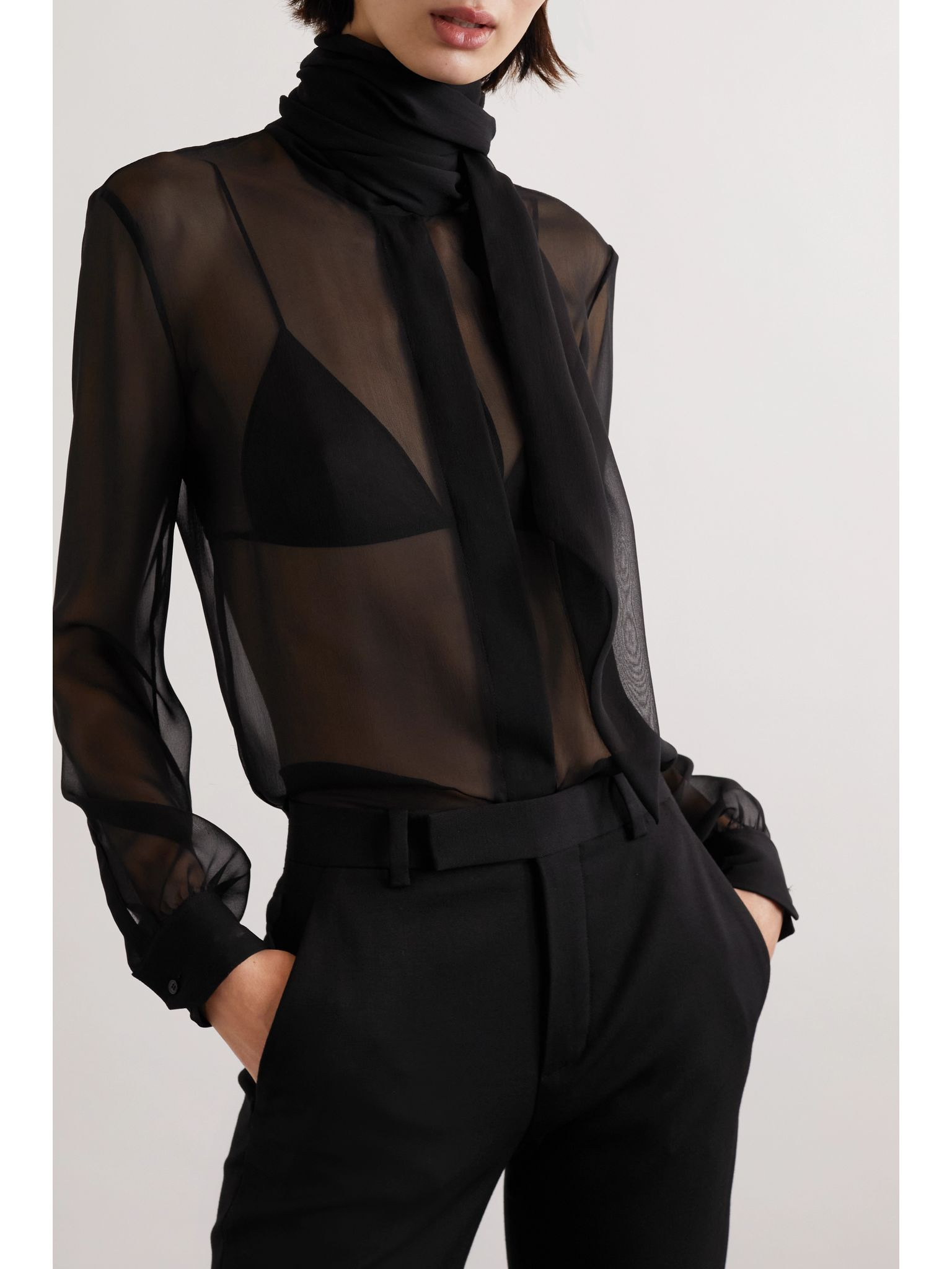 Tie-detailed silk-chiffon blouse Black - 3