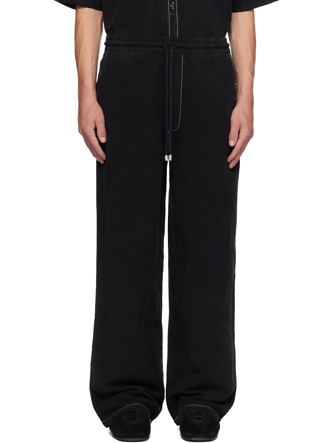 Black Script Linen DD Casual Trousers - 1