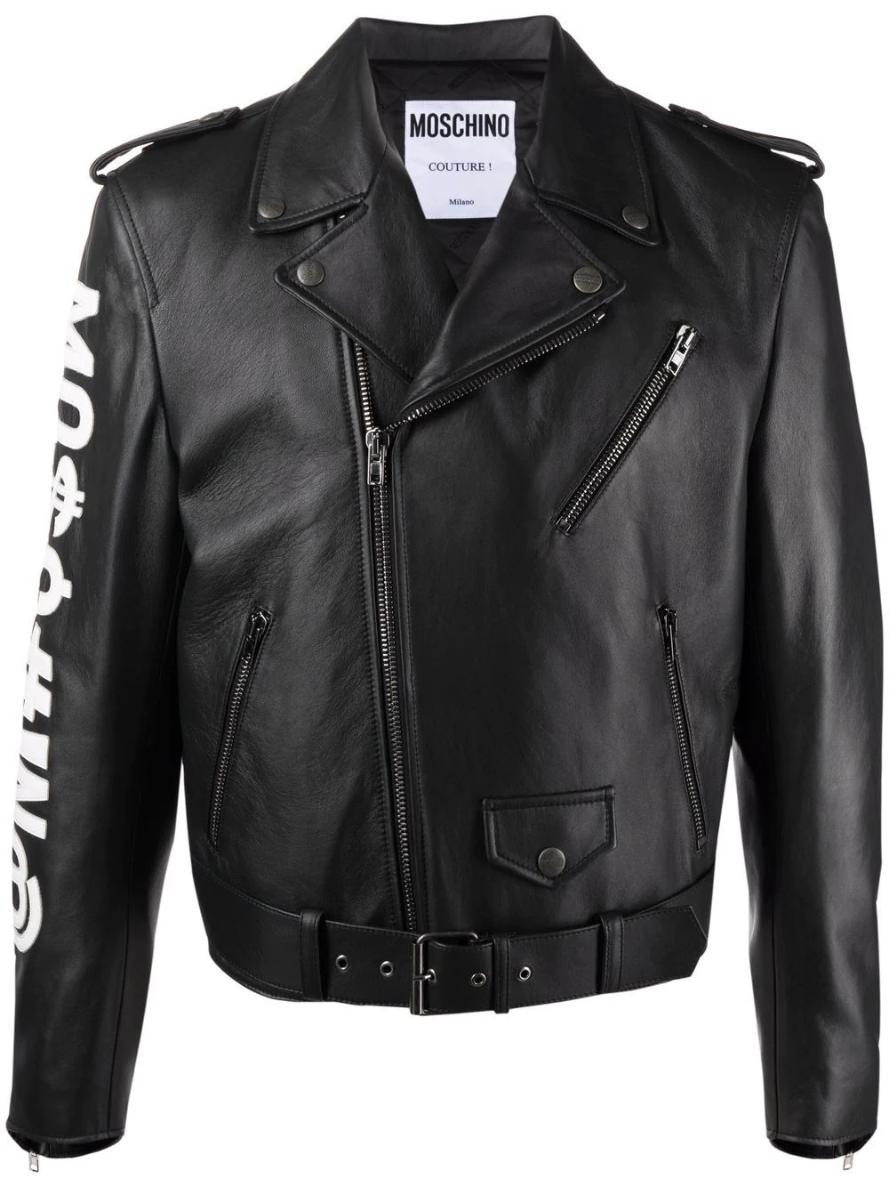 logo embroidered leather biker jacket - 1