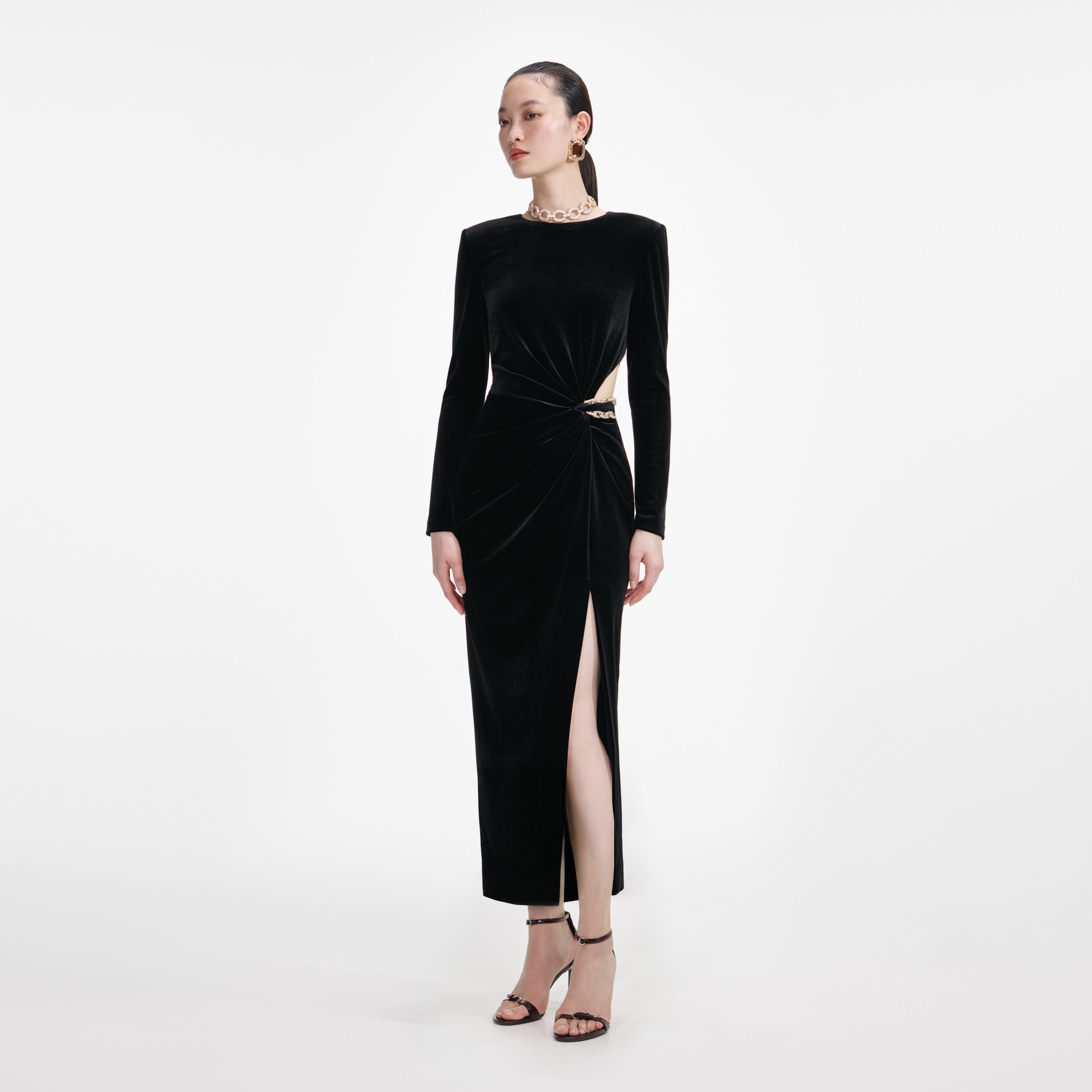 Black Velvet Embellished Midi Dress - 2