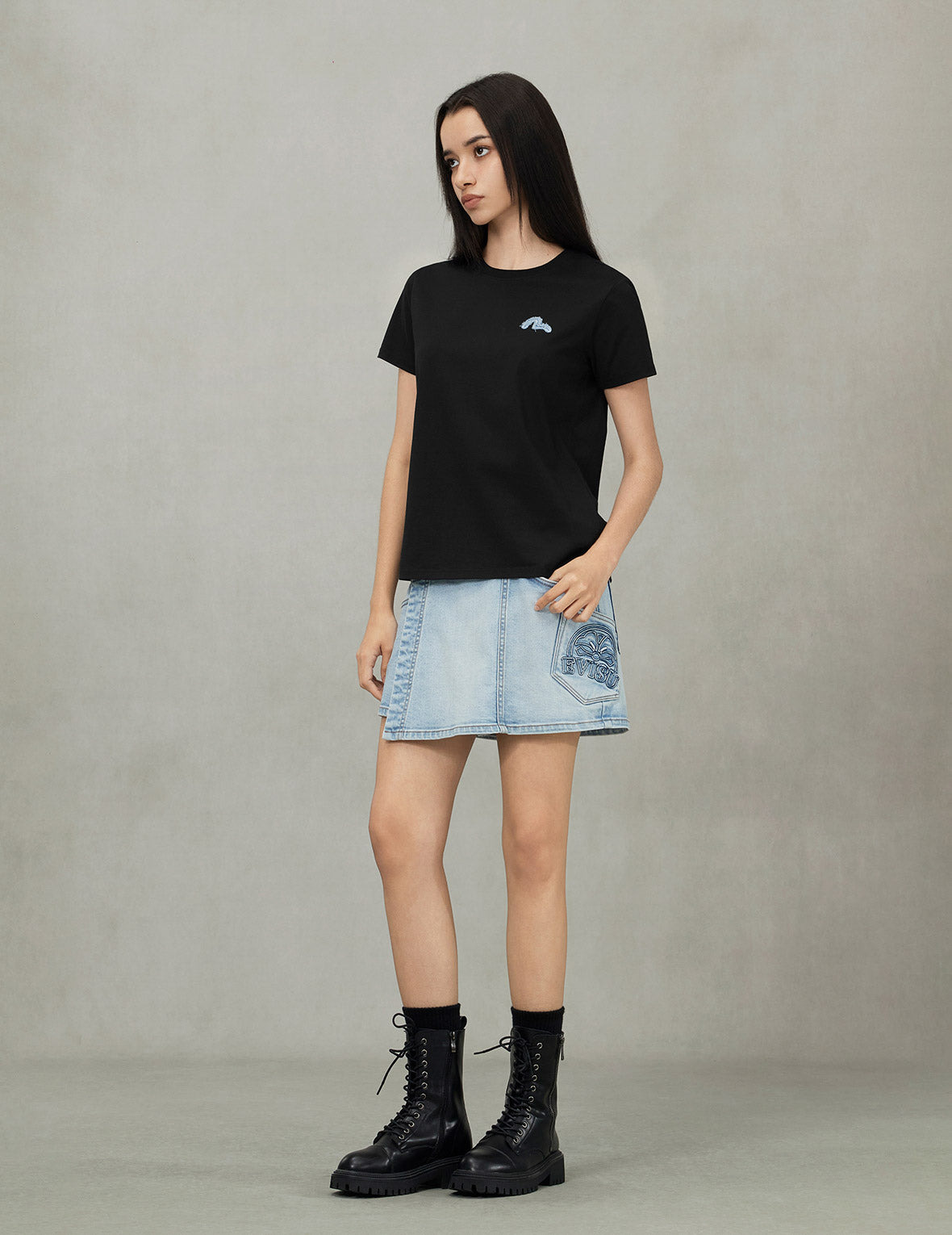 Deconstructed Denim Applique Embroidery Regular Fit T-Shirt - 3