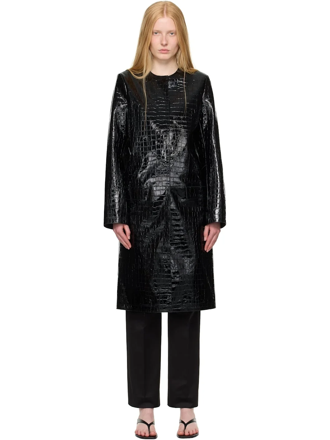 Black Croco-Embossed Leather Coat - 1