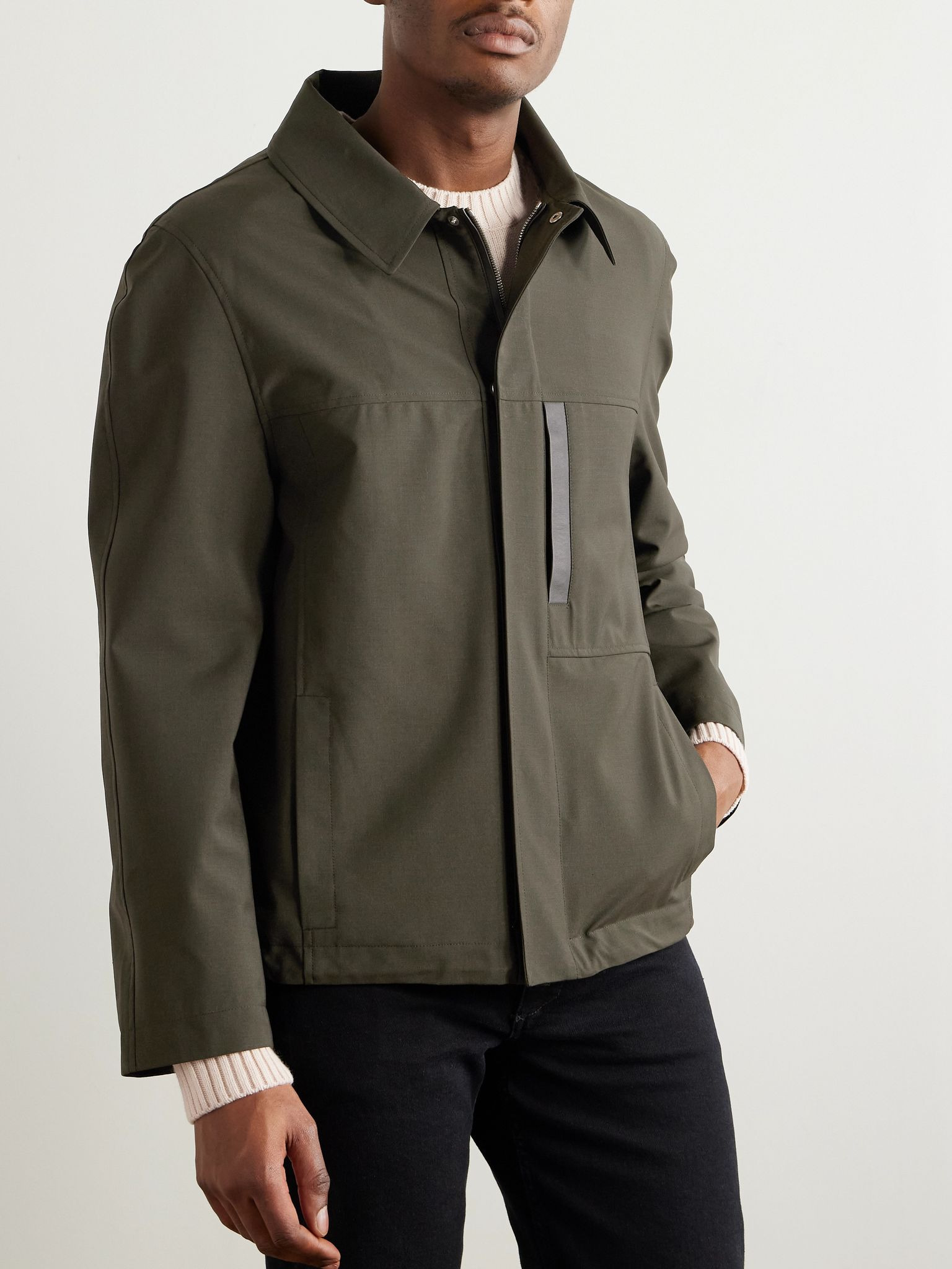 Leather-Trimmed Woven Jacket Green - 3